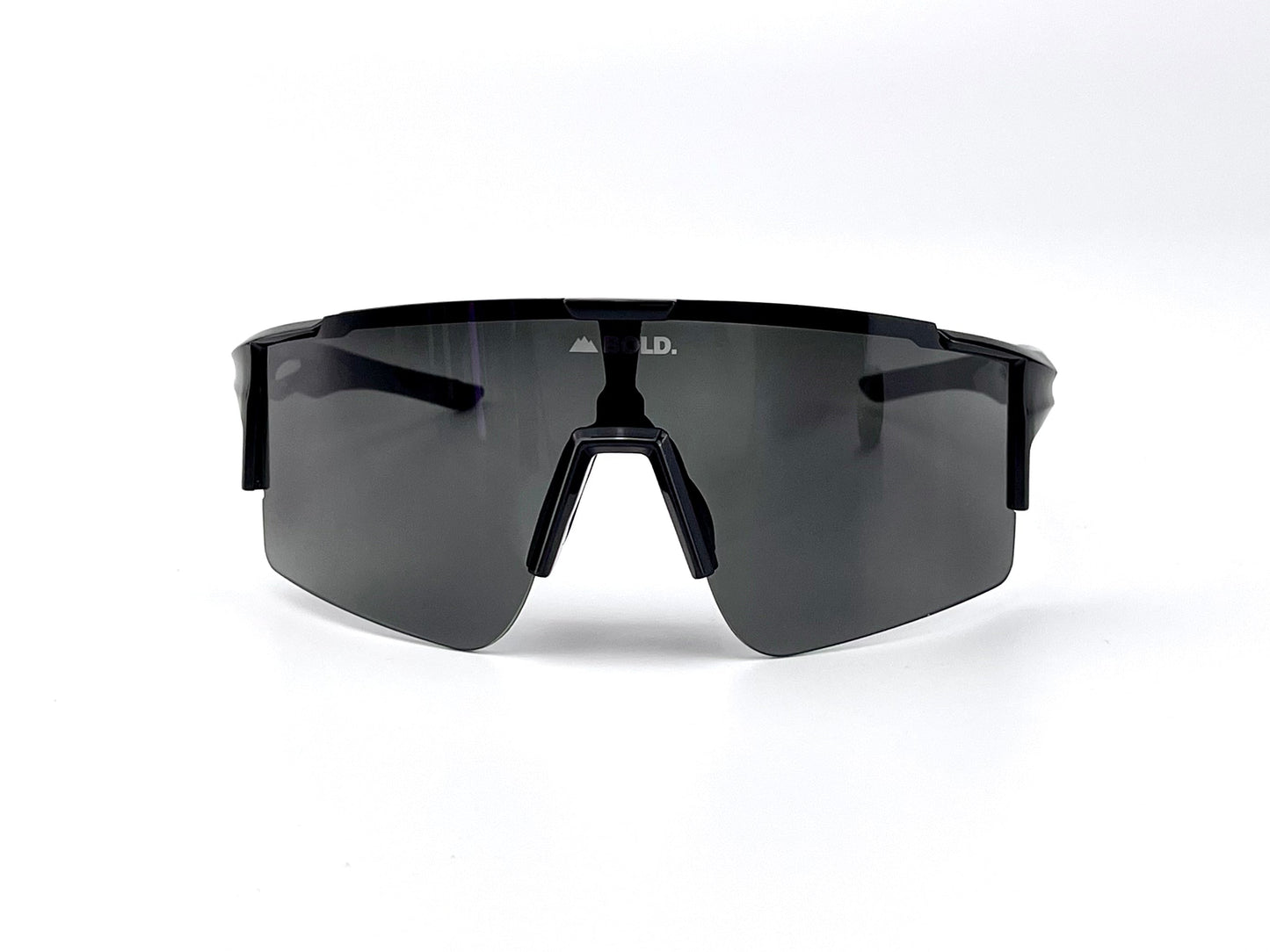 Front view of the BOLD Wavelength Performance Sunglasses by boldouterwear, featuring a black wraparound angular frame, single dark lens with “BOLD” in white at the top center, set against a plain white background.