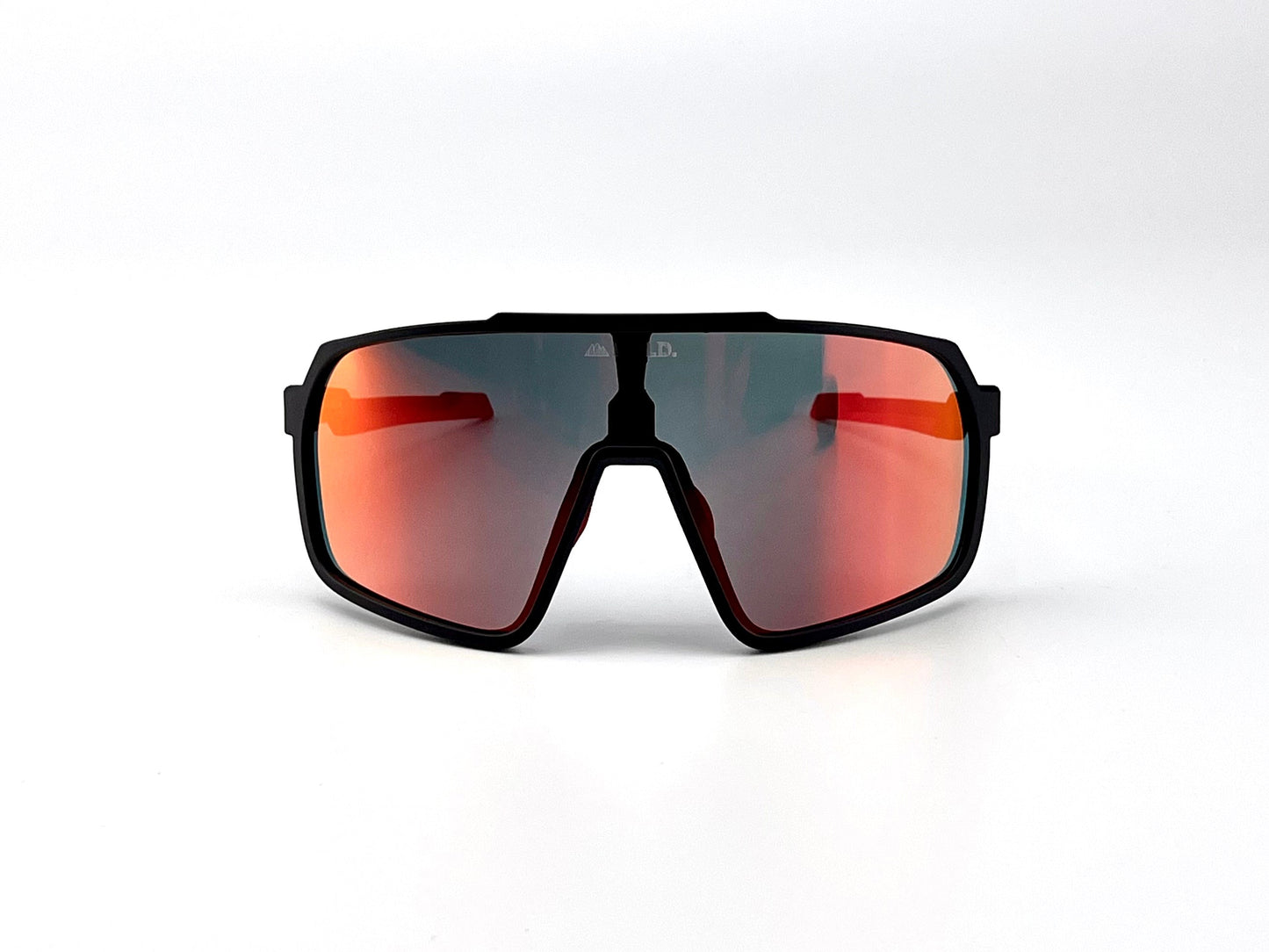 The boldouterwear BOLD Slayers Photochromic Sunglasses feature a sleek black rim, oversized mirrored red-orange lenses, a geometric shape, and a subtle nose bridge—perfect for MTB, ski, and lifestyle wear.