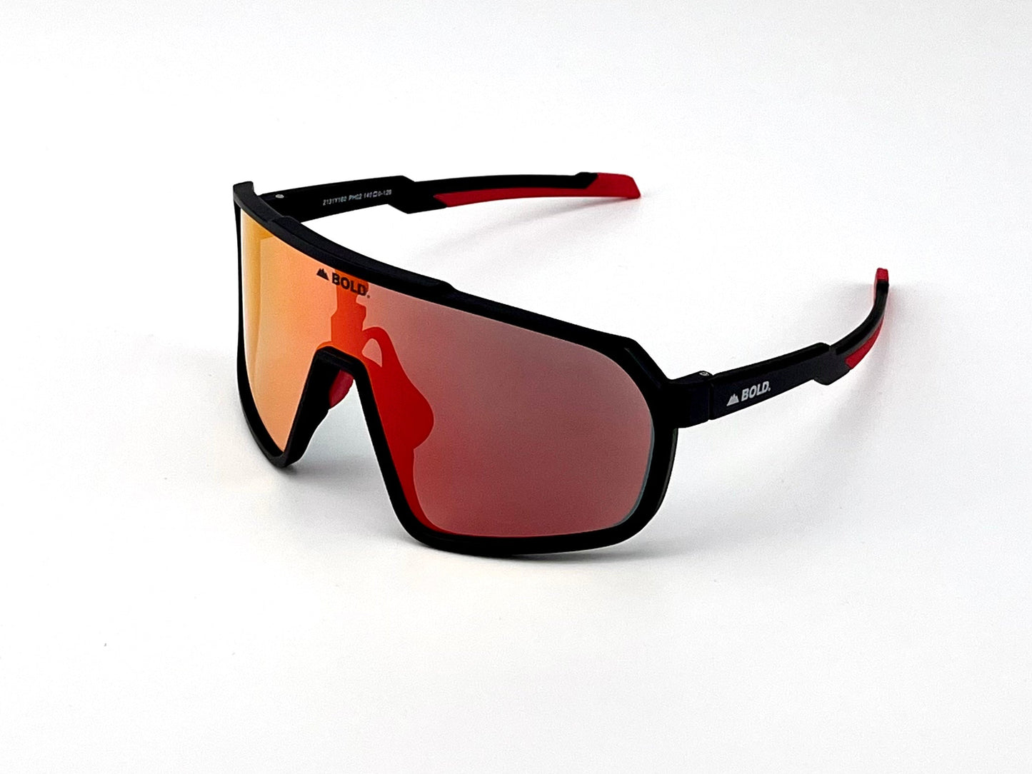 A pair of boldouterwear BOLD Slayers Photochromic Sunglasses featuring a black frame with red accents, a large wraparound adaptive lens with a red-orange reflective tint, designed for MTB, ski, and lifestyle wear. Plain white background.