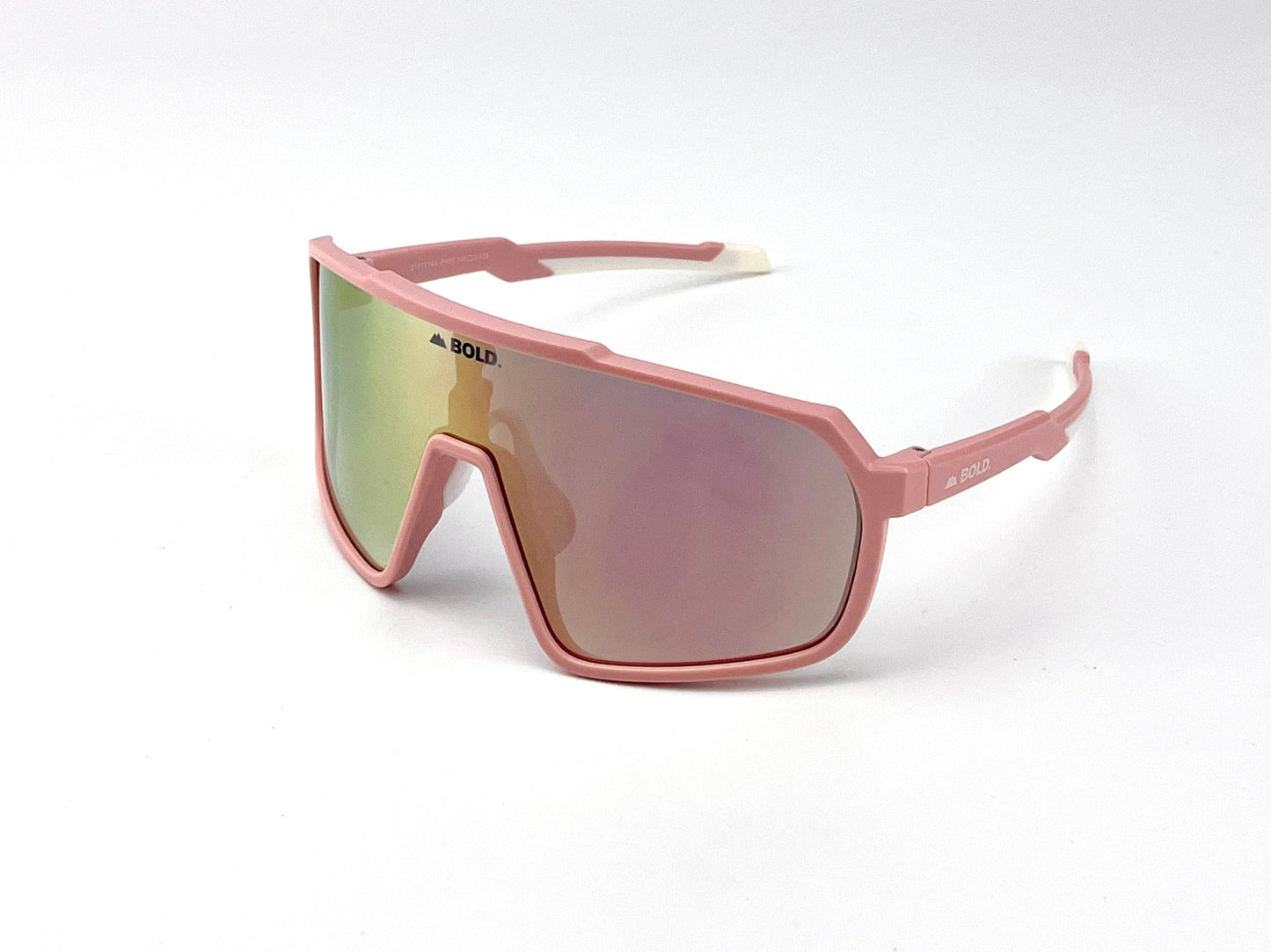 BOLD Slayers Photochromic Sunglasses by boldouterwear: oversized, angular pink frames with light-adaptive mirrored lenses. Pink arms feature white tips; the brand name appears on the lens. Perfect for MTB, ski & lifestyle. Plain white background.