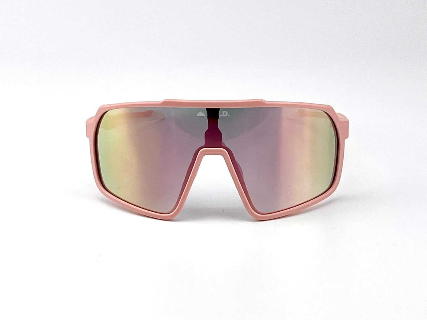 The BOLD Slayers Photochromic Sunglasses by boldouterwear are oversized, pink-framed sports eyewear with mirrored lenses, a wraparound design, and a subtle logo at the top center, shown on a plain white background.