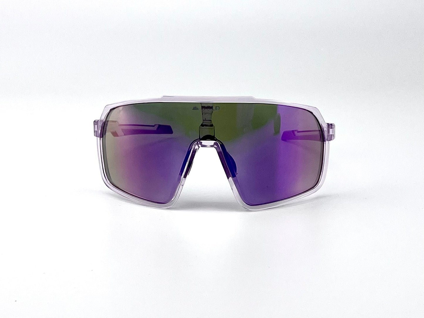 The boldouterwear BOLD Slayers Photochromic Sunglasses feature a futuristic oversized design with a seamless light-adaptive purple and green lens and translucent light purple frame, shown facing forward on a plain white background.
