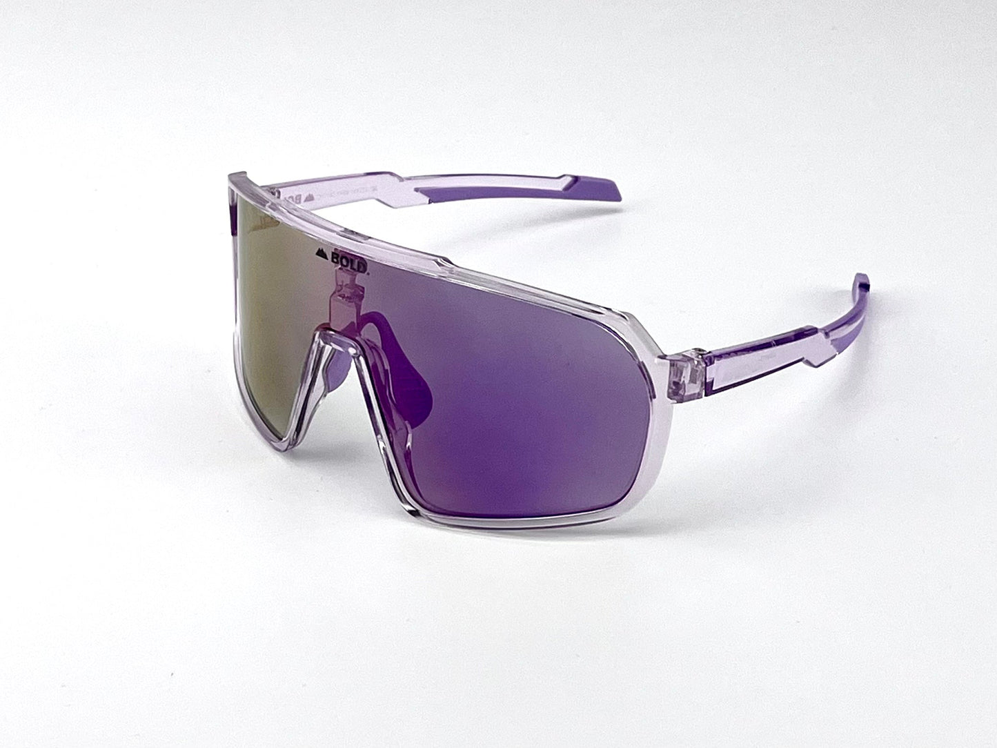 The boldouterwear BOLD Slayers Photochromic Sunglasses feature oversized, translucent purple shield-style frames with light-adaptive lenses and thick, angular arms, designed for MTB, ski, and lifestyle use. Shown on a plain white background.