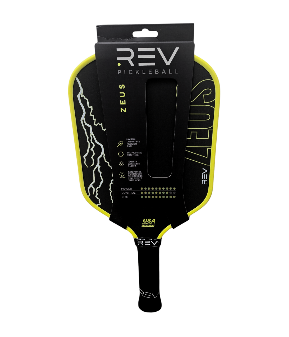 The ZEUS Pickleball Paddle by REV Pickleball features a mostly black design with neon yellow edges, a bold lightning pattern, and “ZEUS” branding. Made from T700 Raw Carbon Fiber, it's thermoformed, USA Pickleball approved, and comes in standout packaging.