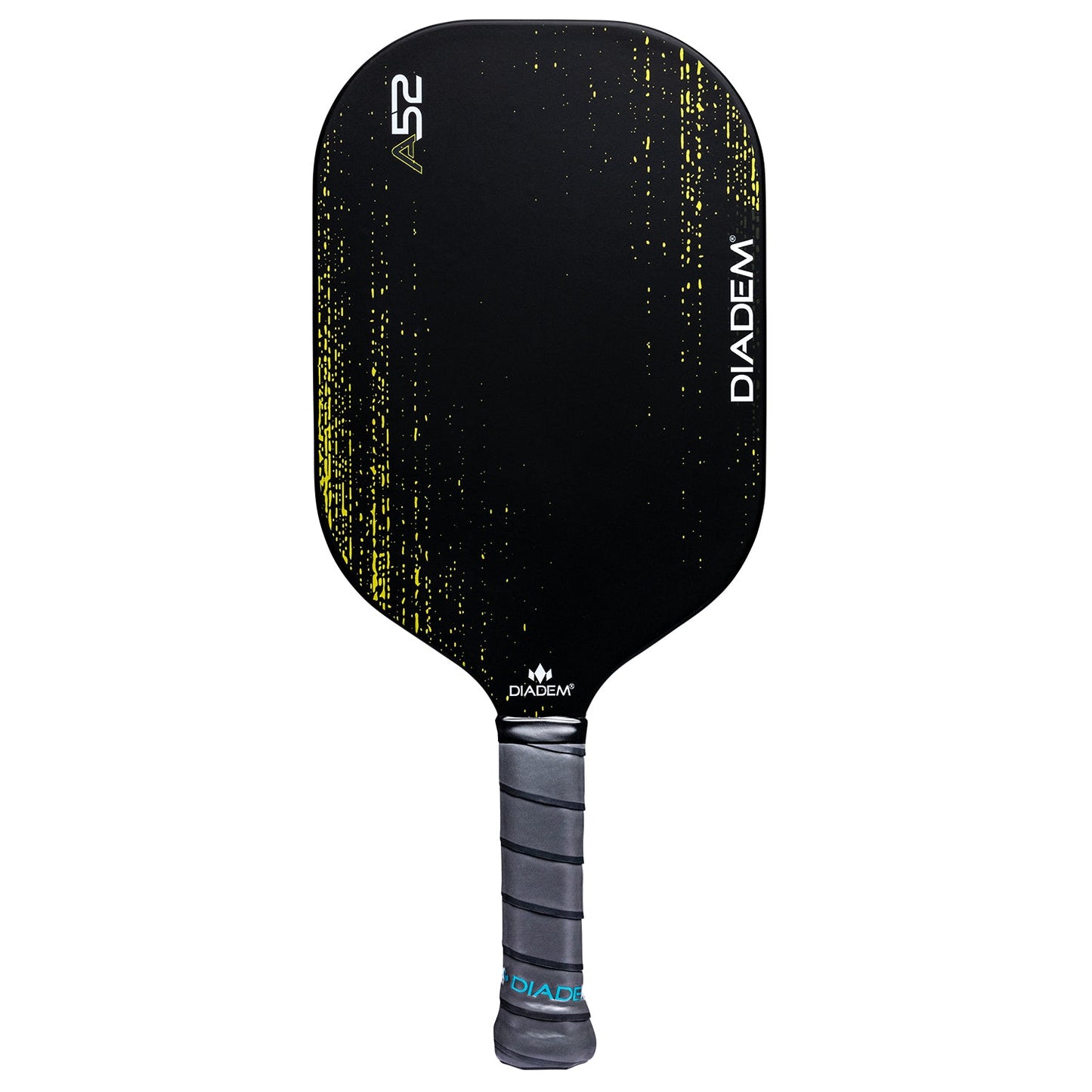 The Diadem Sports A52 pickleball paddle features black carbon fiber with yellow vertical streaks, “A52” in gold at the top left, “DIADEM” in white on the right side, and a gray grip handle with a blue "DIADEM" logo at the base.