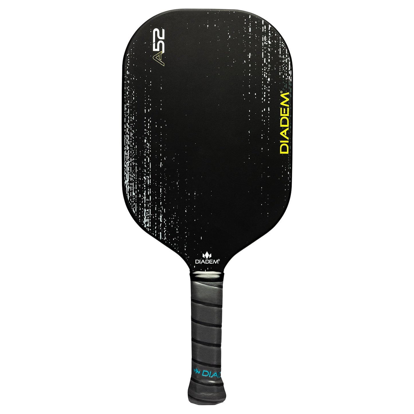 The Diadem Sports A52 is a black carbon fiber pickleball paddle with a rectangular, rounded-edge face featuring white speckled streaks. DIAMED appears vertically in yellow on the right, A52 in white at the top left, and a black grip tape handle.