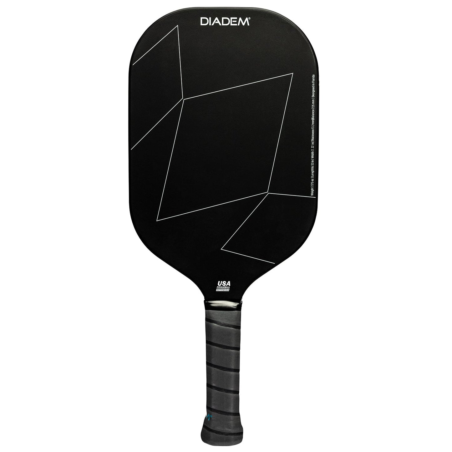The Diadem Sports A52 is a black carbon fiber pickleball paddle with a matte finish, geometric line design, and DIADEM at the top. Its textured black grip handle features "USA" above it—an affordable paddle built for performance.