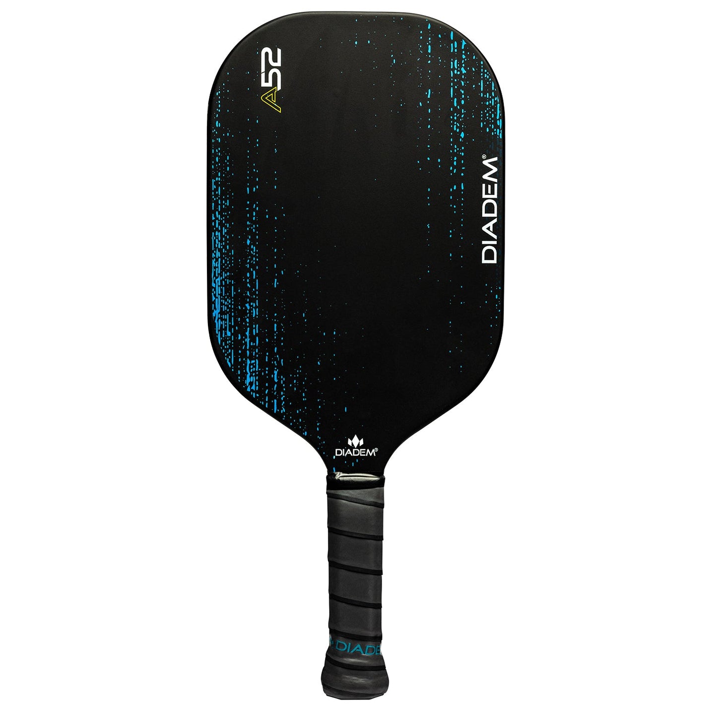 The Diadem Sports A52 is a black carbon fiber pickleball paddle with a rounded rectangular face, blue pixel-like streaks on the left, "A52" at the top left, and "DIADEM" vertically on the right. The handle features black grip tape.