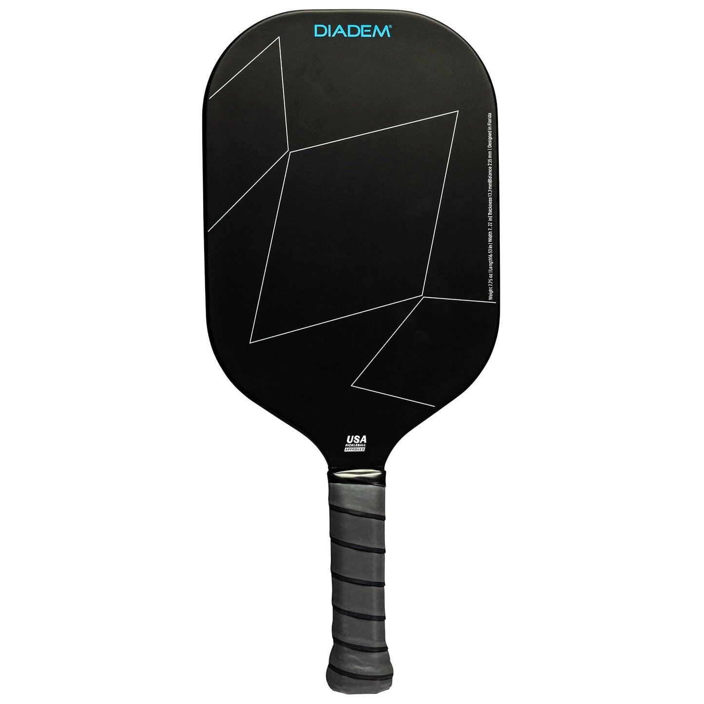 The Diadem Sports A52 is a black carbon fiber pickleball paddle with a matte finish, white geometric lines, and a blue “DIADEM” logo. It has textured grip tape on the handle and the “USA Pickleball Approved” logo near the base.