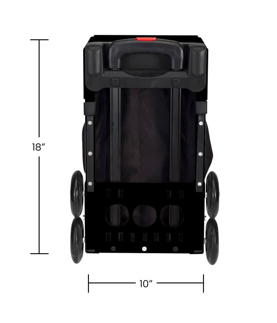 The ZUCA Pickleball Sport Black/Black stroller, viewed from the back, features four wheels, dual handles, mesh panels, and an 18"x10" undercarriage with circular holes—ideal as a rolling pickleball bag or for creative pickleball storage.