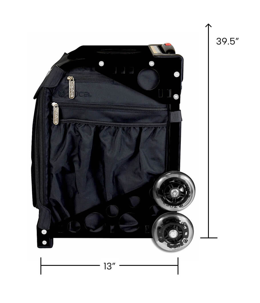 The ZUCA Pickleball Sport Black/Black bag features two large transparent wheels, a zippered front pocket, and a sturdy frame. Measuring 39.5" tall and 13" wide, it's ideal for organized pickleball storage and easy transport.