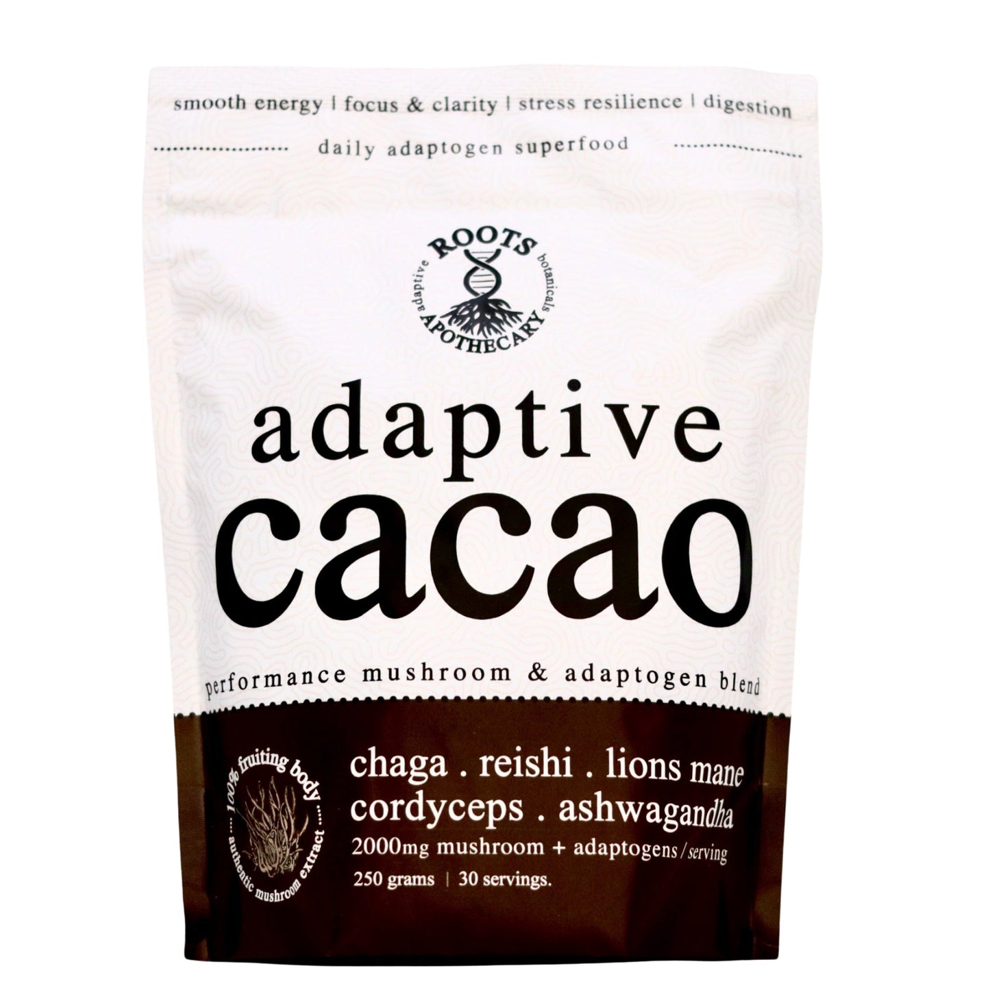 Roots Apothecary’s “adaptive cacao. performance superfood.” is a 250g pouch with 30 servings, blending cacao, chaga, ashwagandha, reishi, lion’s mane & cordyceps for adaptogenic support to enhance performance and balance.