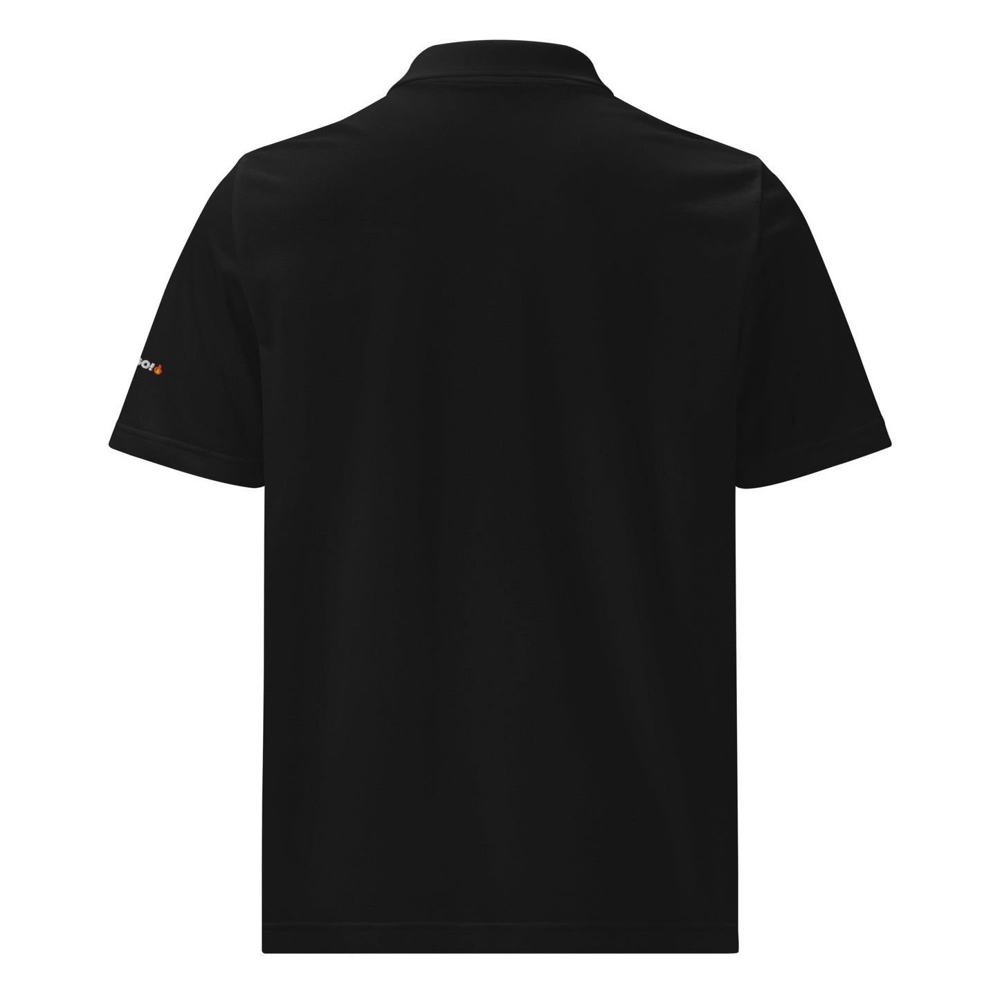 The CROWN PICKLEBALL - Polo Shirt (Black) by Crown Pickleball is a plain black, short-sleeve athletic fit polo, shown from the back. It features a collar, smooth glossy fabric, and a small orange text detail on the left sleeve. No other logos are visible.