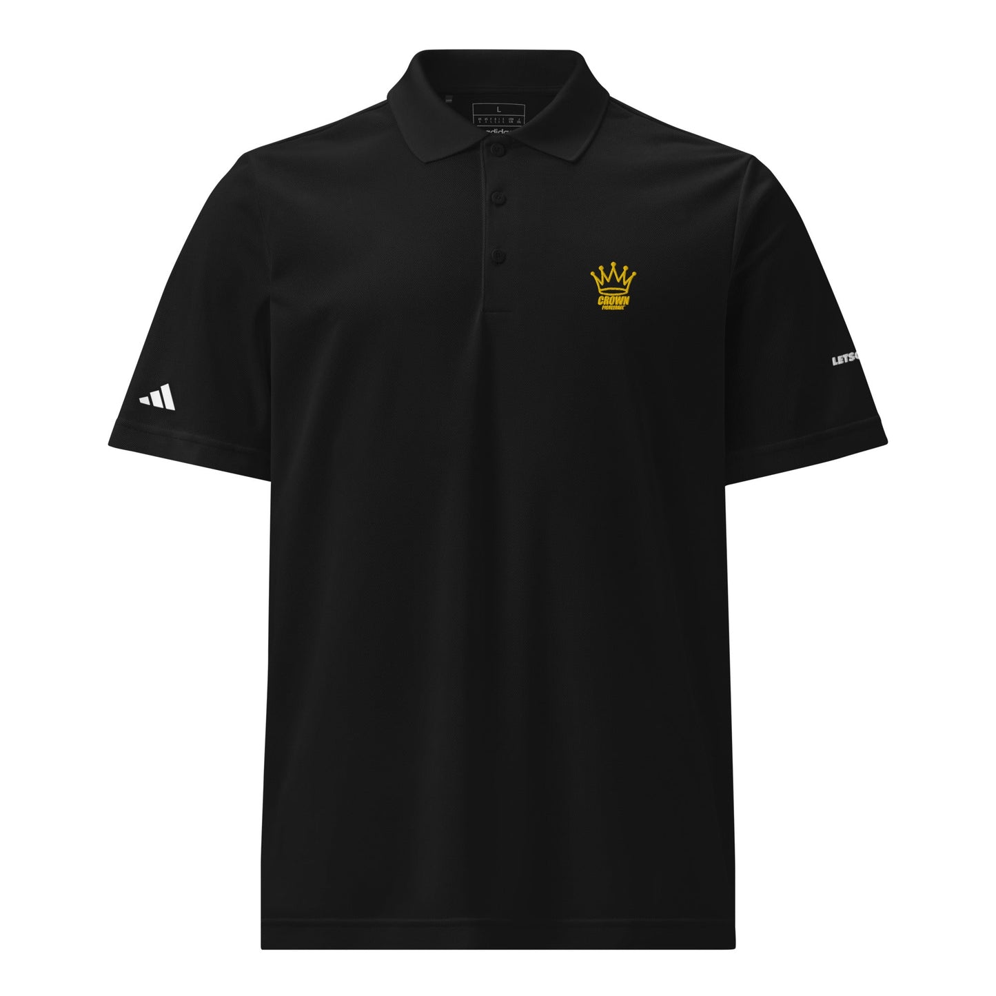 The CROWN PICKLEBALL - Polo Shirt (Black) by Crown Pickleball features an athletic fit, short sleeves, a 3-button collar, yellow crown logo on the chest, LEETCODE on the sleeve, and is made from recycled polyester for comfort and style.
