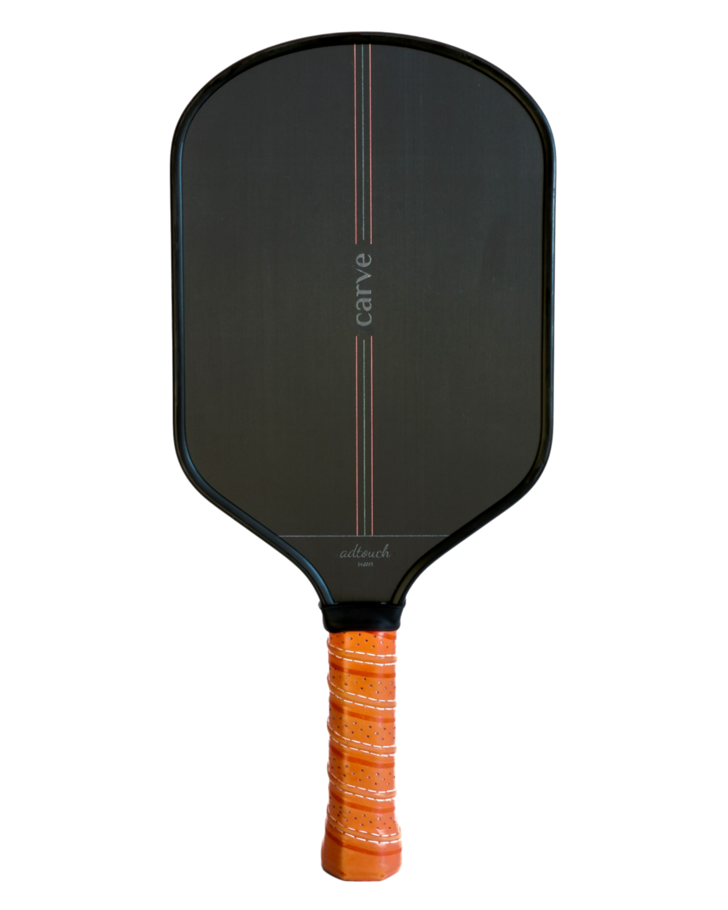 The AdTouch 16 by Carve Sports is a control-focused paddle with a smooth black surface, thin red and white stripes, and “carve” in lowercase. Bright orange perforated grip tape boosts placement and touch. Ideal for players who pop to finish points. Plain white background.