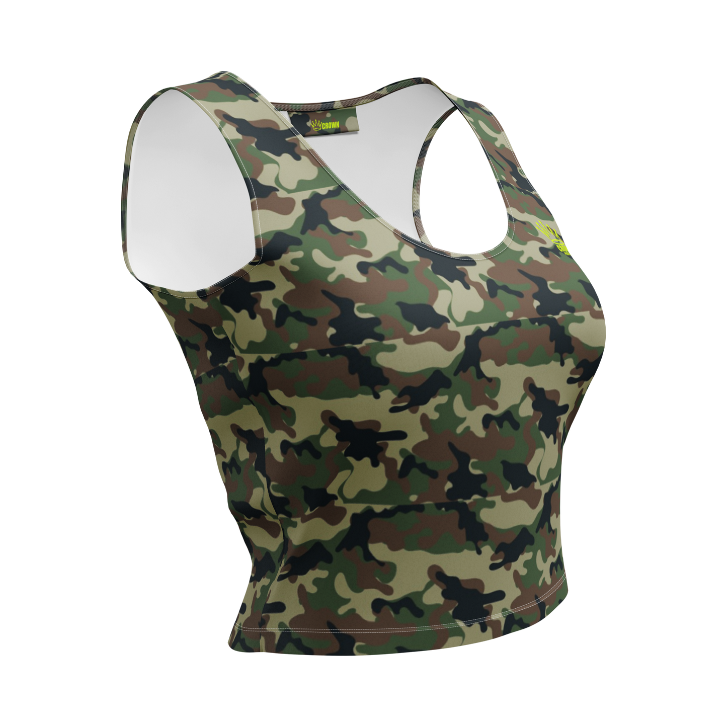 The CROWN PICKLEBALL - Women's Corona Crop-top (Camo) by Crown Pickleball is a sleeveless, body-hugging microfiber top with a green, brown, tan, and black camouflage print, scoop neckline, and racerback style. Displayed on a white background.