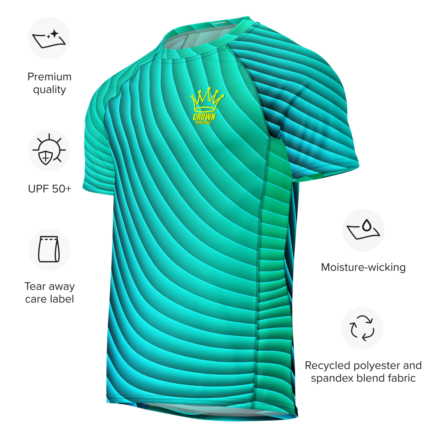 The CROWN PICKLEBALL Men's Tourney Shirt (Turquoise) features wavy stripes, a yellow crown logo, premium quality, UPF 50+, moisture-wicking eco-friendly fabric blend, and a tear-away care label from Crown Pickleball.