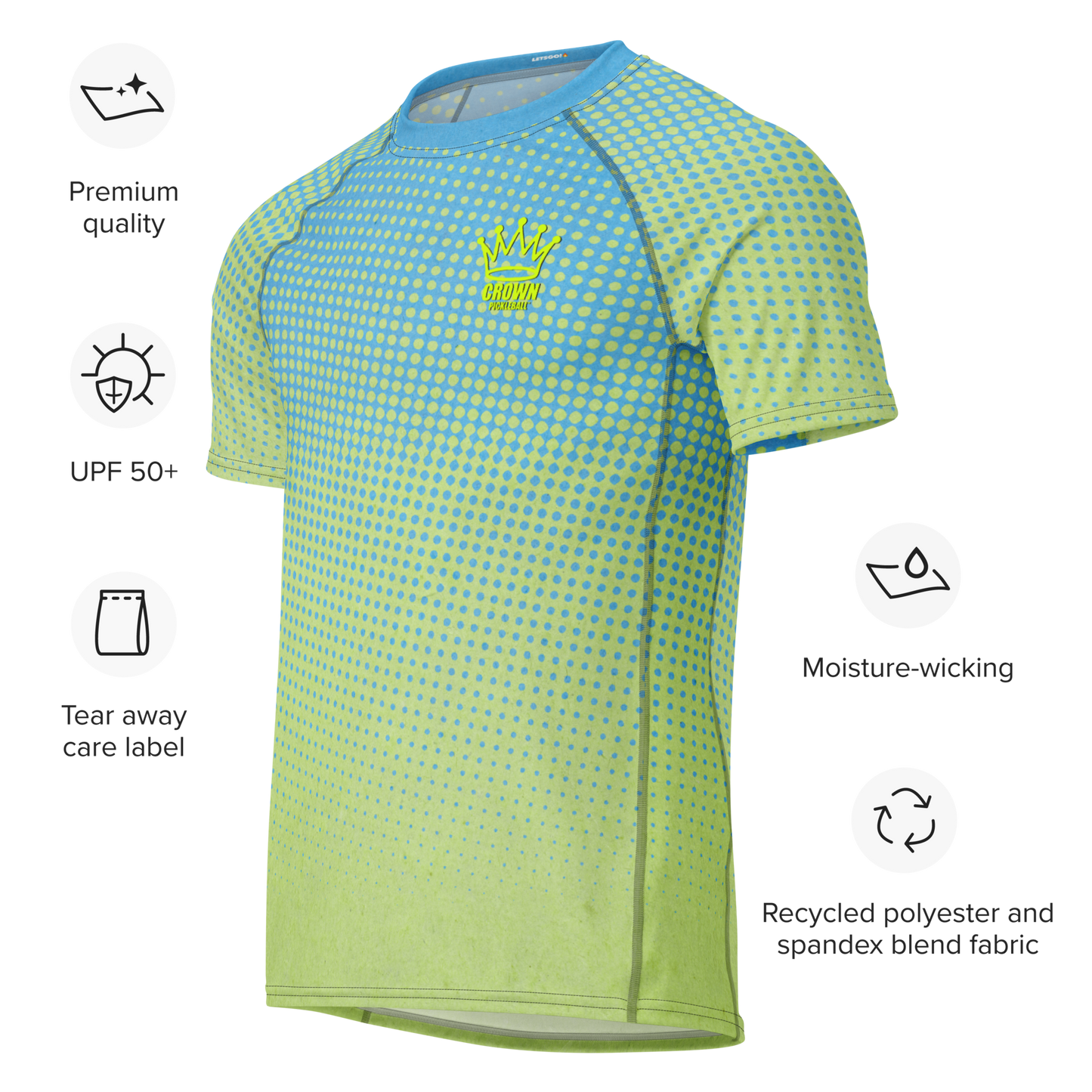 The CROWN PICKLEBALL - Men's Tourney Shirt (Sea) by Crown Pickleball is a blue-green gradient short-sleeve rash guard with a crown logo, made from recycled, eco-friendly fabric with UPF 50+, moisture-wicking, and a tear-away label.