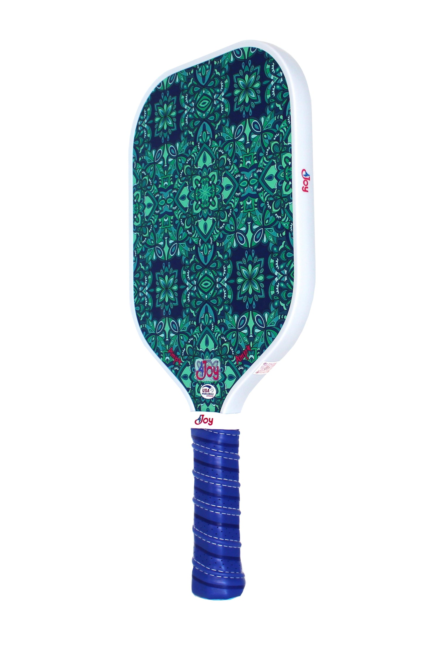 The AMP4 Pickleball Paddle - Green Forest by 4Joy Paddles features a blue grip, white edge, a T700 carbon fiber face with a green and blue geometric design, and the “4Joy” logo on the lower face and neck. Set against a plain white background.