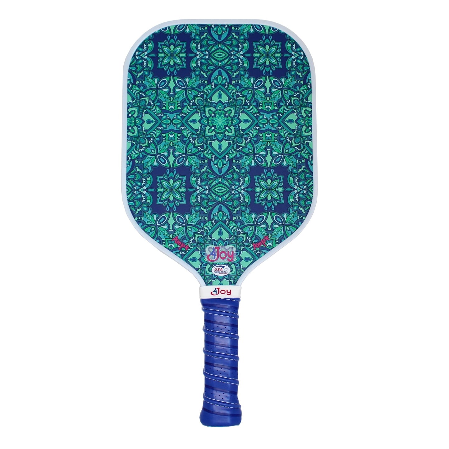 The AMP4 Pickleball Paddle - Green Forest by 4Joy Paddles features a blue handle and a teal-green geometric floral face. Its T700 carbon fiber surface ensures durability, with the 4Joy logo in colorful text just above the handle.