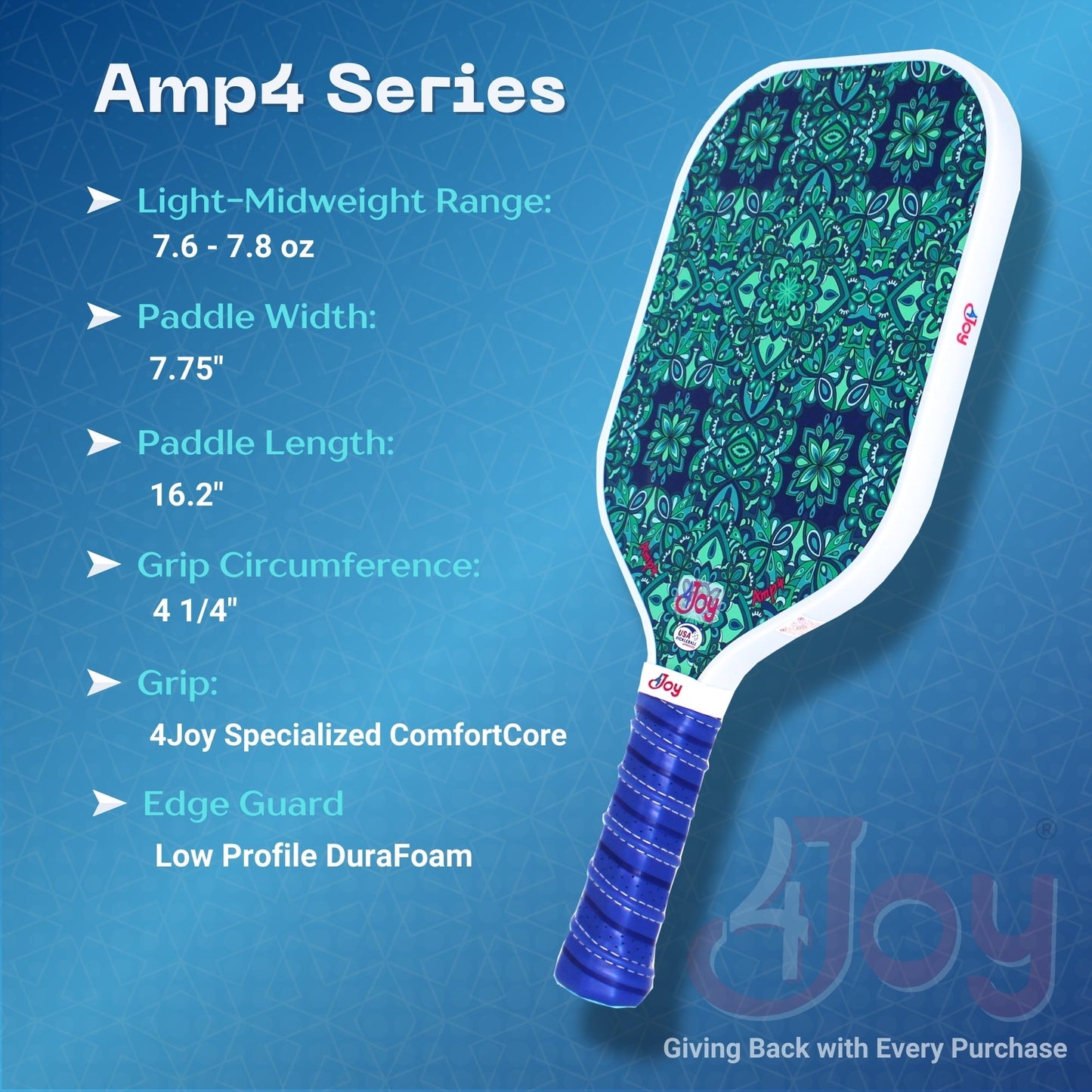 The 4Joy Paddles AMP4 Pickleball Paddle - Green Forest is shown on a blue background, featuring T700 carbon fiber, honeycomb core, ComfortCore grip, DuraFoam edge guard, 7.6-7.8 oz weight, 7.75" width, and 16.2" length.