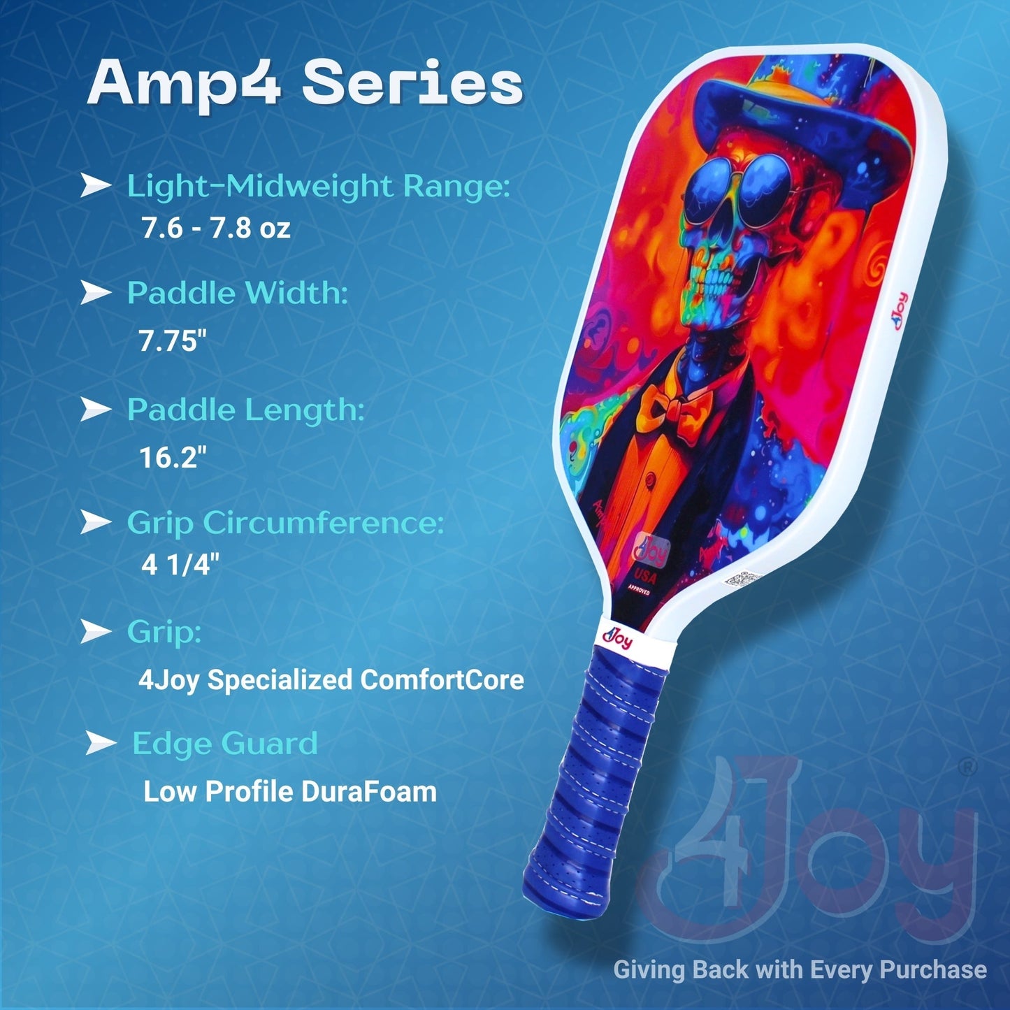 The 4Joy Paddles AMP4 Pickleball Paddle Series features a vibrant turtle design, comes with a protective paddle cover, and offers light-midweight balance (7.6–7.8 oz), 7.75” width, ComfortCore grip, and DuraFoam edge guard.