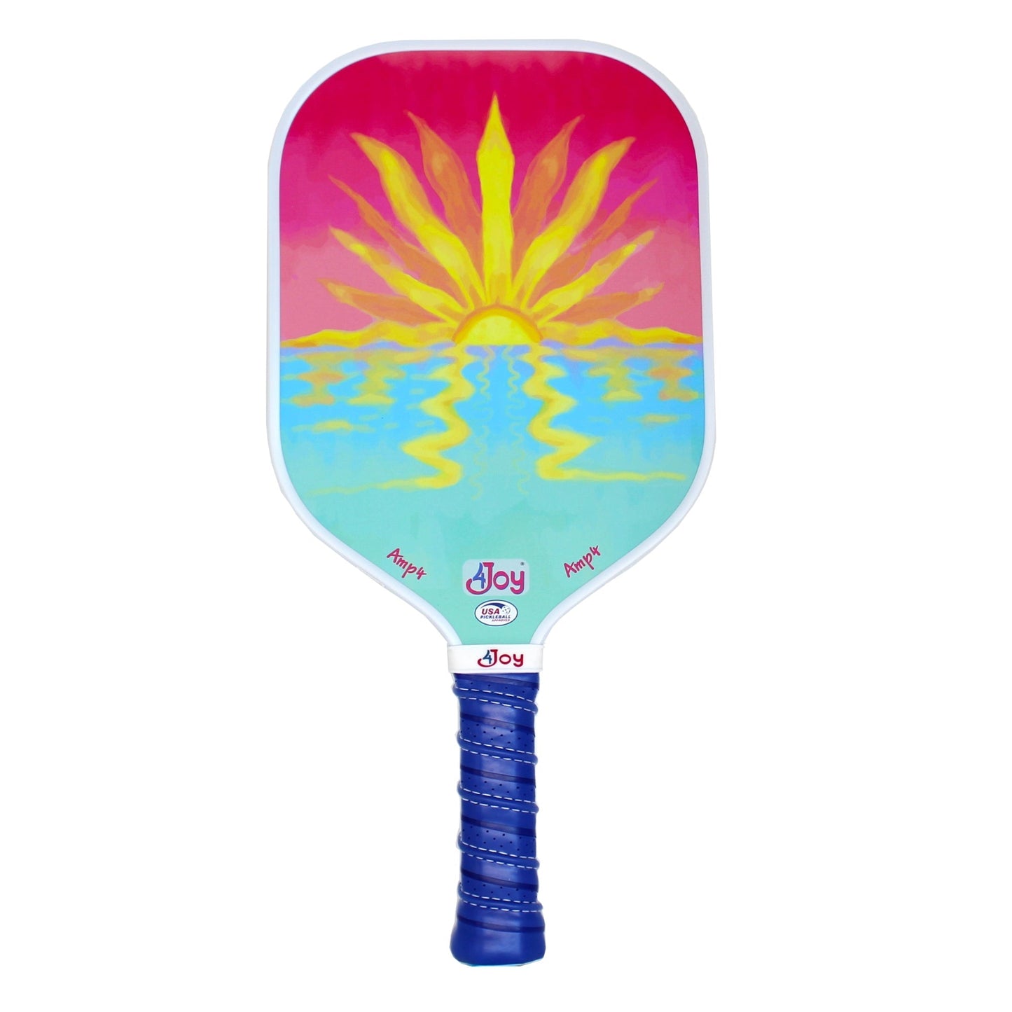 The 4Joy Paddles AMP4 Pickleball Paddle Series features a carbon fiber face with a blue grip and vivid turtle design, includes “Joy” logos near the handle, and comes with a protective paddle cover.