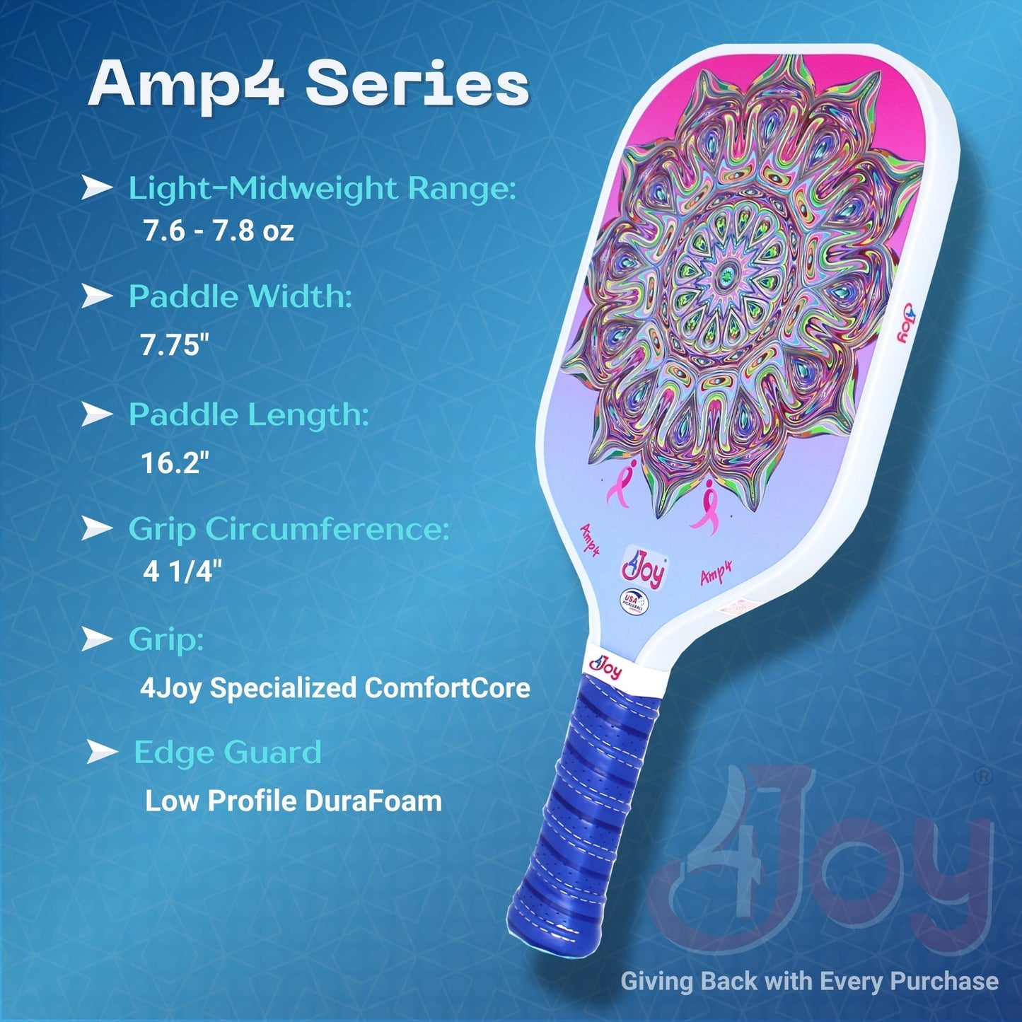 The 4Joy AMP4 Pickleball Paddle Series features a vibrant turtle design on T700 carbon fiber, weighs 7.6–7.8 oz, measures 16.2" x 7.75", has a ComfortCore grip (4.14"), DuraFoam edge guard, comes with a paddle cover, and is shown on blue.