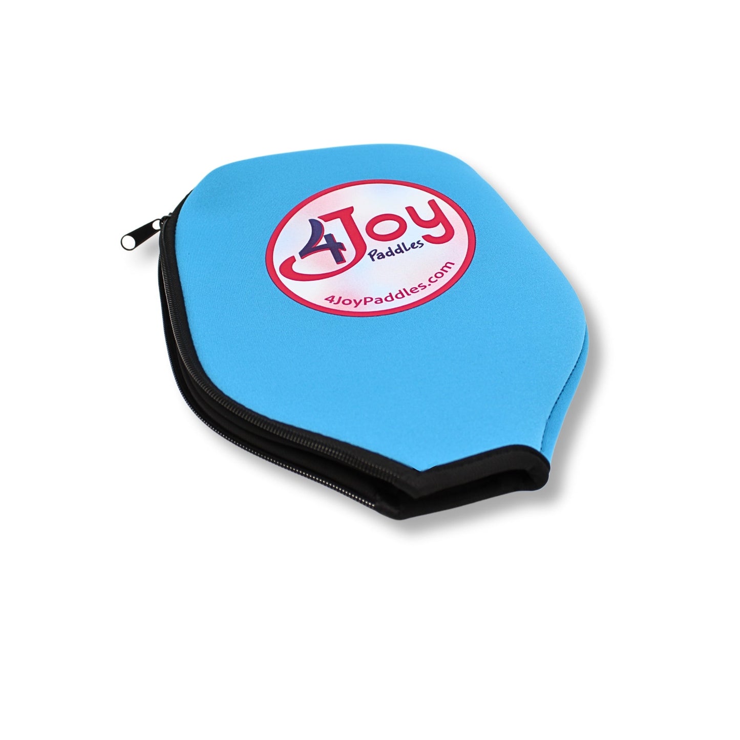 A blue, paddle-shaped zippered case with black trim from 4Joy Paddles’ AMP4 Pickleball Paddle Series features a turtle design and a circular “4Joy Paddles” logo—perfect for stylishly protecting your pickleball paddle.