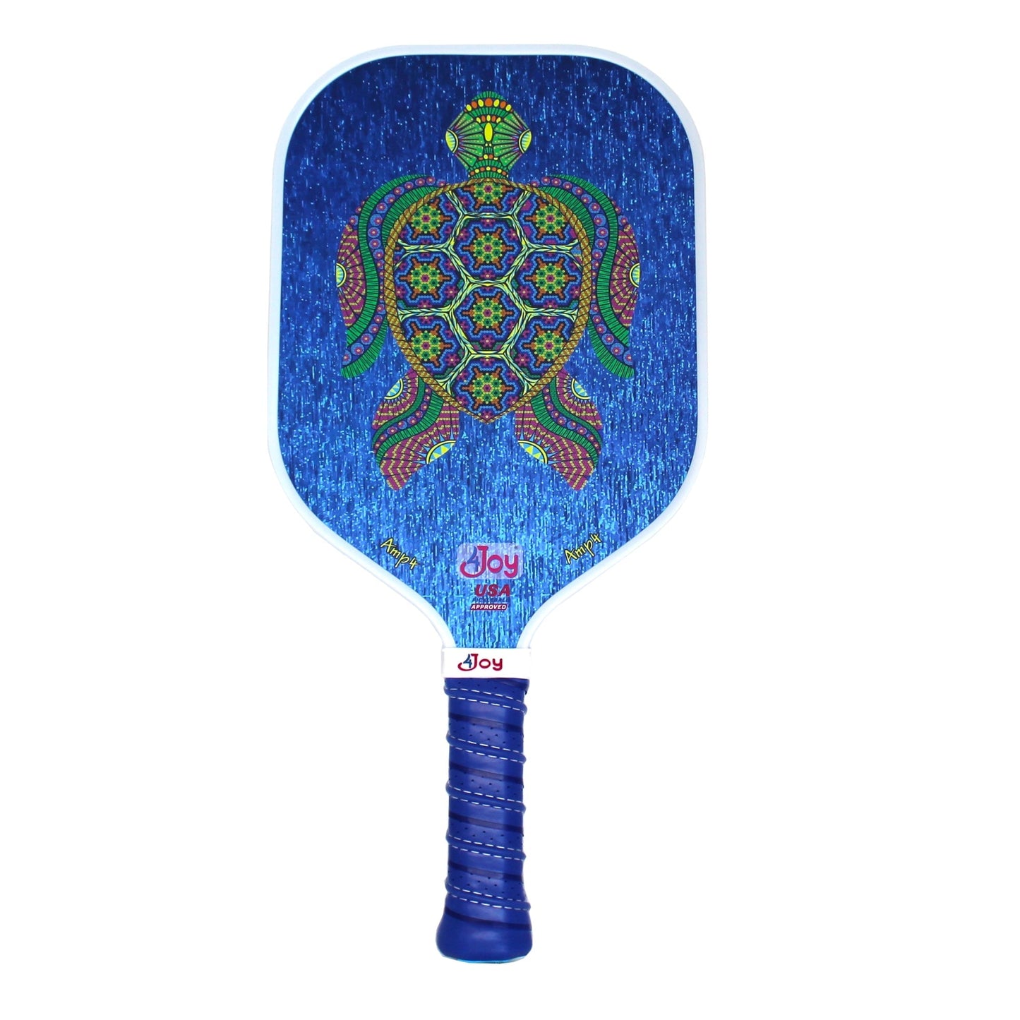 The 4Joy Paddles AMP4 Pickleball Paddle Series features a vibrant turtle design on a blue background, “Joy” in pink above the handle, a blue grip tape, and comes with a protective paddle cover.