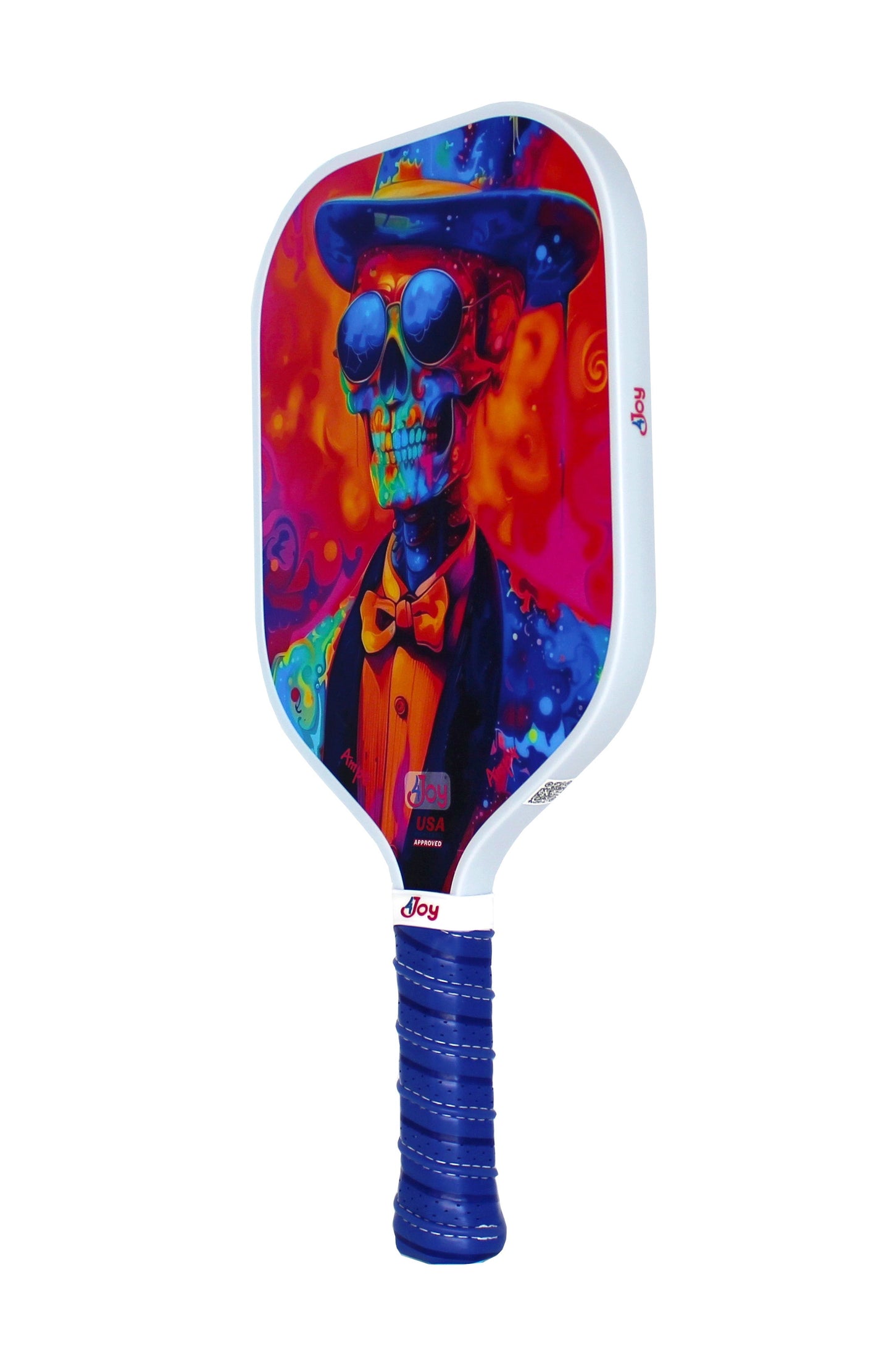 The AMP4 Pickleball Paddle - Slim Jim by 4Joy Paddles boasts a honeycomb core, T700 carbon fiber face, and dark blue textured grip. Its bold psychedelic art shows a skeleton in a suit and hat with sunglasses in vivid reds, blues, yellows, and oranges.