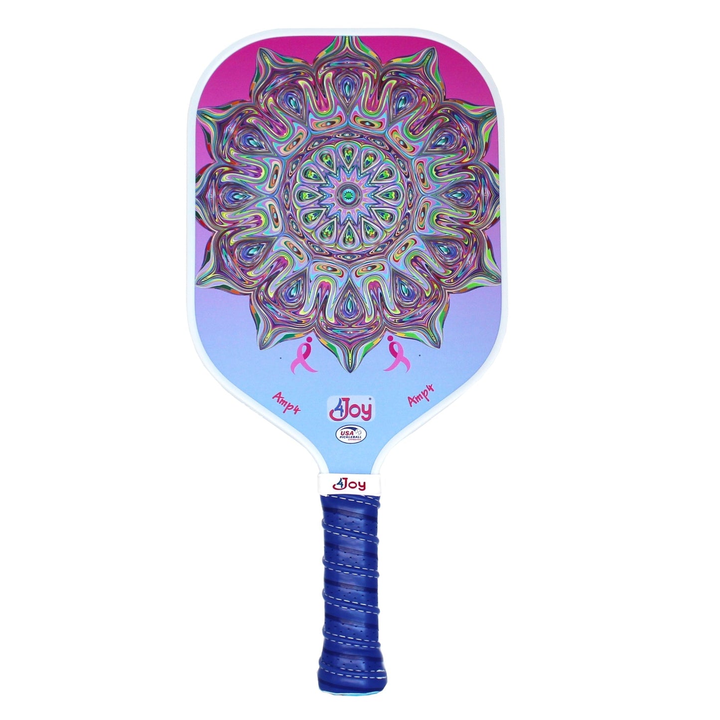 The AMP4 Pickleball Paddle - Special Edition DinkforPink by 4Joy Paddles features a purple-pink gradient face with a mandala design, dark blue handle wrap, pink breast cancer ribbons, and "Joy" below the mandala.