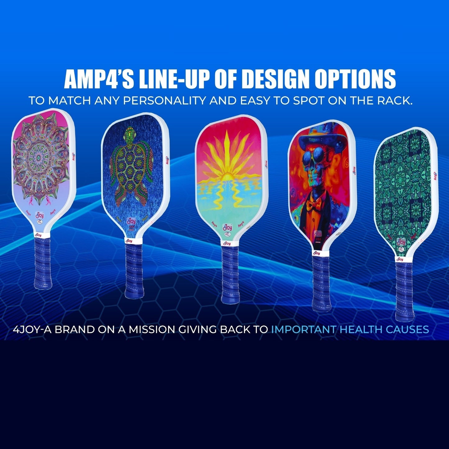 The AMP4 Pickleball Paddle - Green Forest by 4Joy Paddles stands out with its vibrant design and honeycomb core, displayed against a blue hexagonal backdrop that showcases AMP4’s diverse paddles and charitable mission.