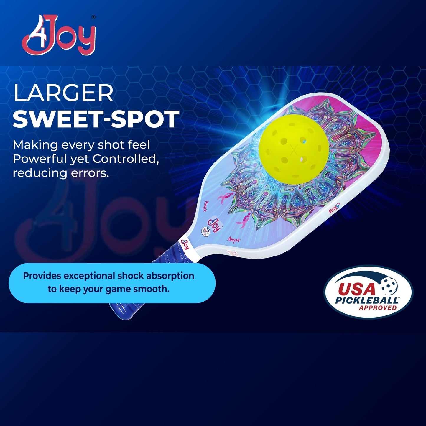 The AMP4 Pickleball Paddle - Slim Jim by 4Joy Paddles features a T700 carbon fiber face, larger sweet-spot for better control and fewer errors, exceptional shock absorption, USA Pickleball approval, and displays the 4Joy logo top left on a blue background with yellow ball.