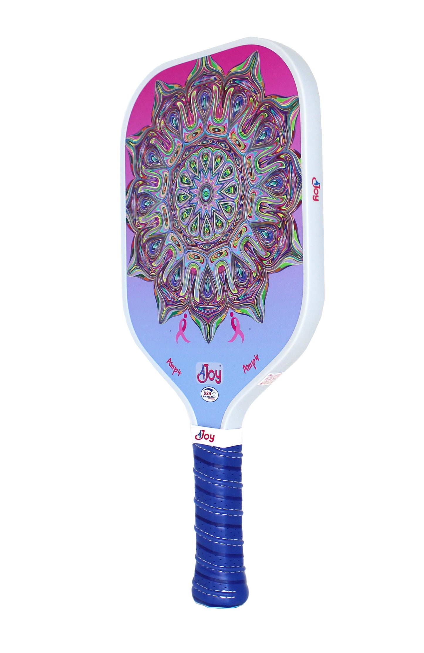 The AMP4 Pickleball Paddle - Special Edition DinkforPink by 4Joy Paddles features a T700 carbon fiber face with a vibrant mandala on a pink-to-purple gradient, blue grip, "Joy" text, and pink awareness ribbons near the bottom.