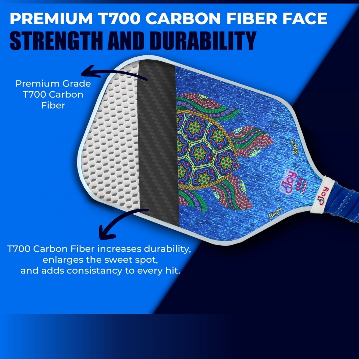 The AMP4 Series Turtle Design Pickleball Paddle by 4Joy Paddles features a vibrant mandala on blue, with the other half displaying T700 carbon fiber layers and honeycomb core—highlighting its premium construction for strength and durability.