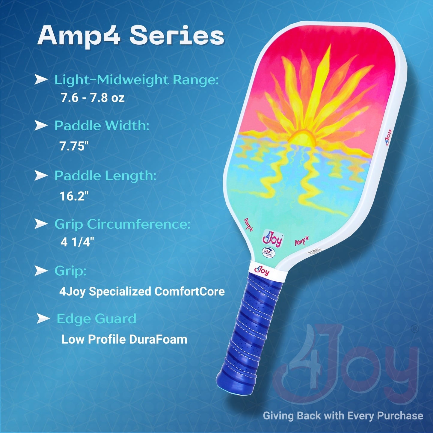 The 4Joy Paddles AMP4 Pickleball Paddle - Sunset features a blue grip, vibrant face with a yellow sun over blue water, T700 carbon fiber, honeycomb core, lightweight design, comfort grip, and low-profile edge guard—all on a blue background.