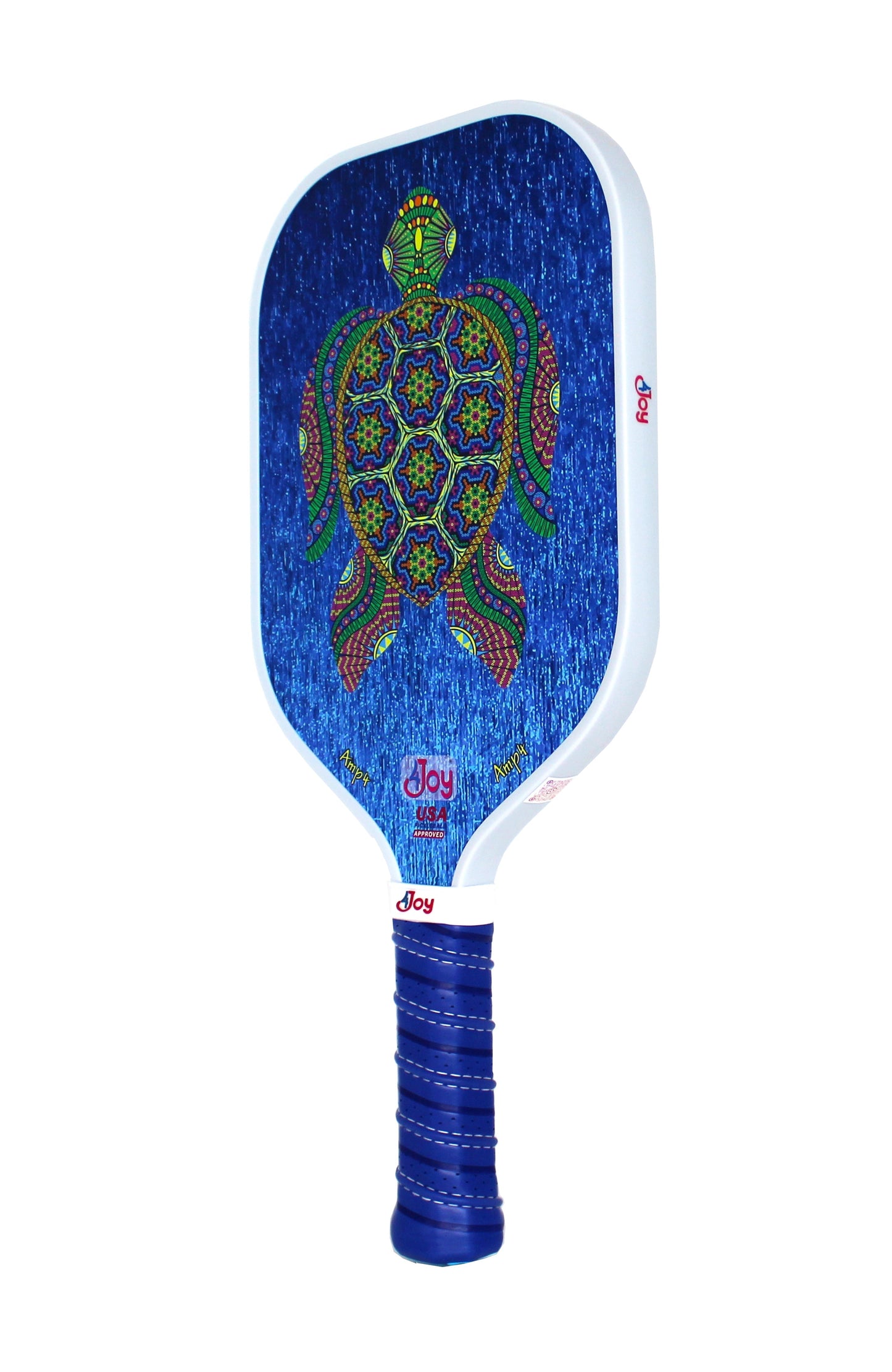 The AMP4 Series Turtle Design Pickleball Paddle by 4Joy Paddles is a blue T700 carbon fiber paddle featuring intricate green, red, and yellow turtle artwork, navy grip tape handle, and "Joy" printed near the base and side.