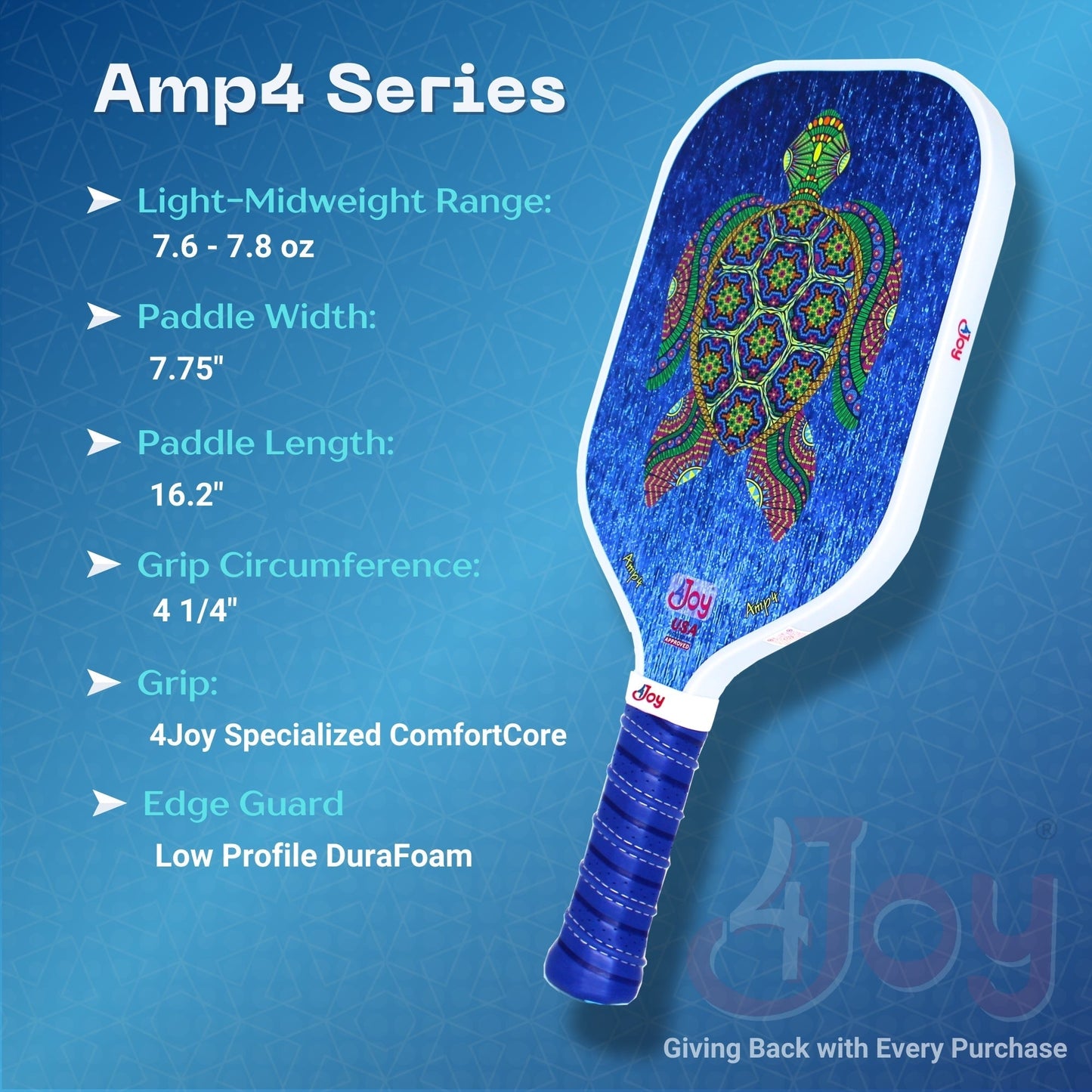 The 4Joy Paddles AMP4 Series Turtle Design Pickleball Paddle features a blue carbon fiber face, honeycomb core, ComfortCore grip, low-profile edge guard, and measures 16.2"x7.75", weighing 7.6-7.8 oz—giving back with every purchase.