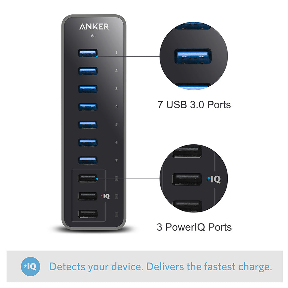 The Anker 60W 10-Port USB 3.0 Data Hub is a black vertical hub with 7 blue USB 3.0 data ports in a column and 3 black PowerIQ charging ports below, clearly labeled. Note: Detects your device, delivers the fastest charge.