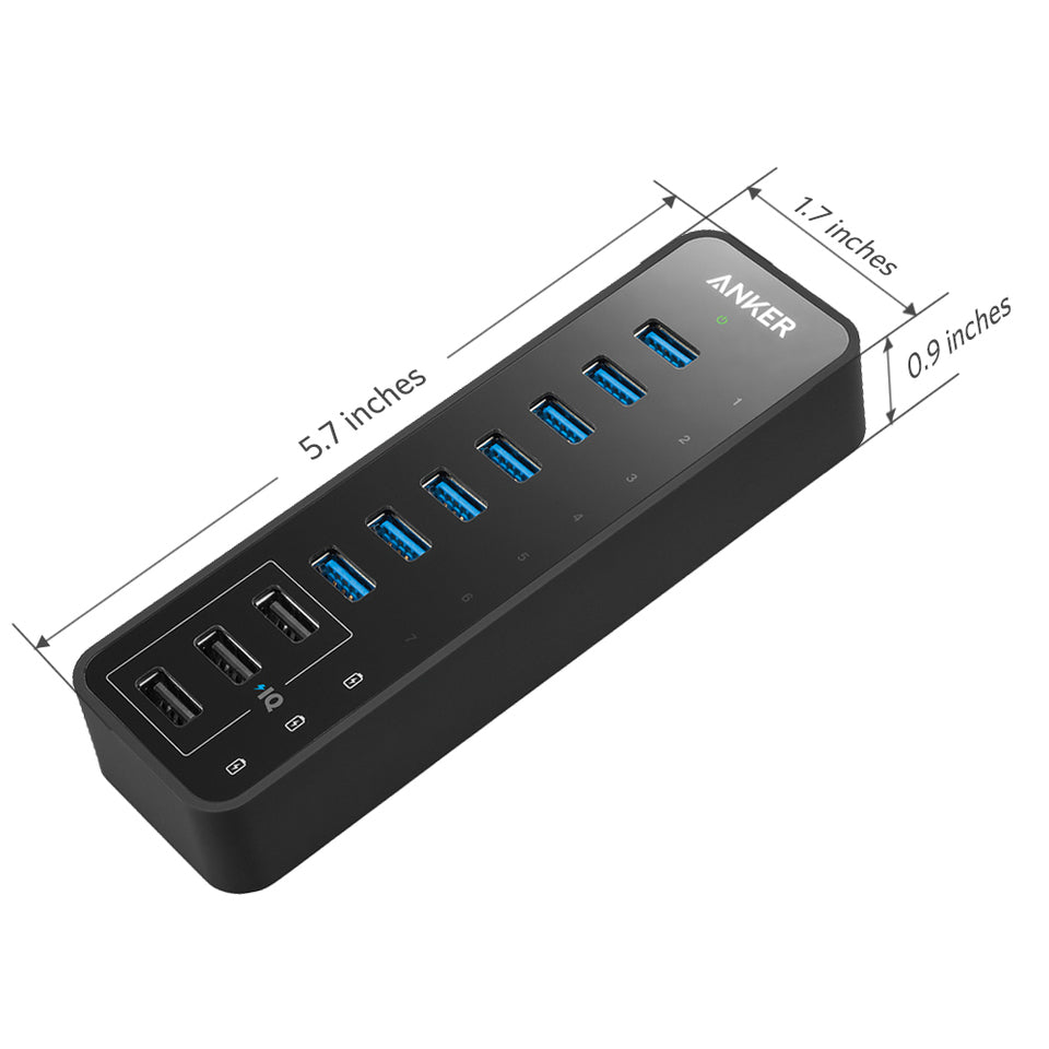 The Anker 60W 10-Port USB 3.0 Data Hub features seven blue high-speed data ports and three black charging ports, measures 5.7" x 1.7" x 0.9", includes the Anker logo, and doubles as a powerful USB charger for devices.