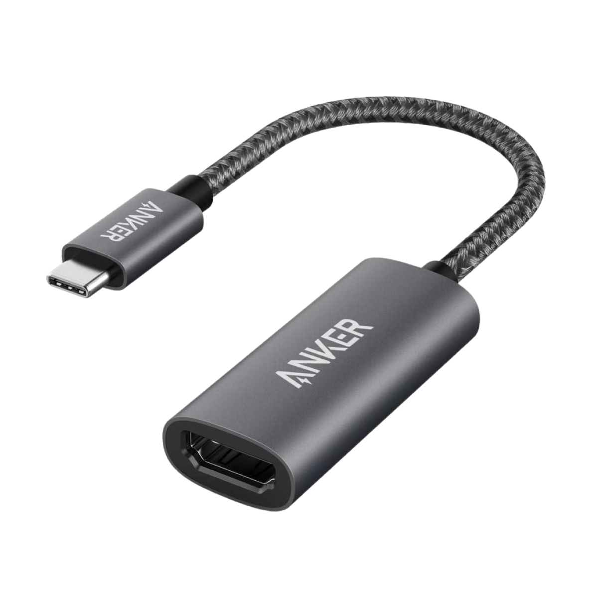 The Anker 310 USB-C Adapter (4K HDMI) features a braided black and gray cable with a USB-C male connector and a 4K HDMI female port. The Anker logo appears on both connectors, with the adapter angled against a white background.