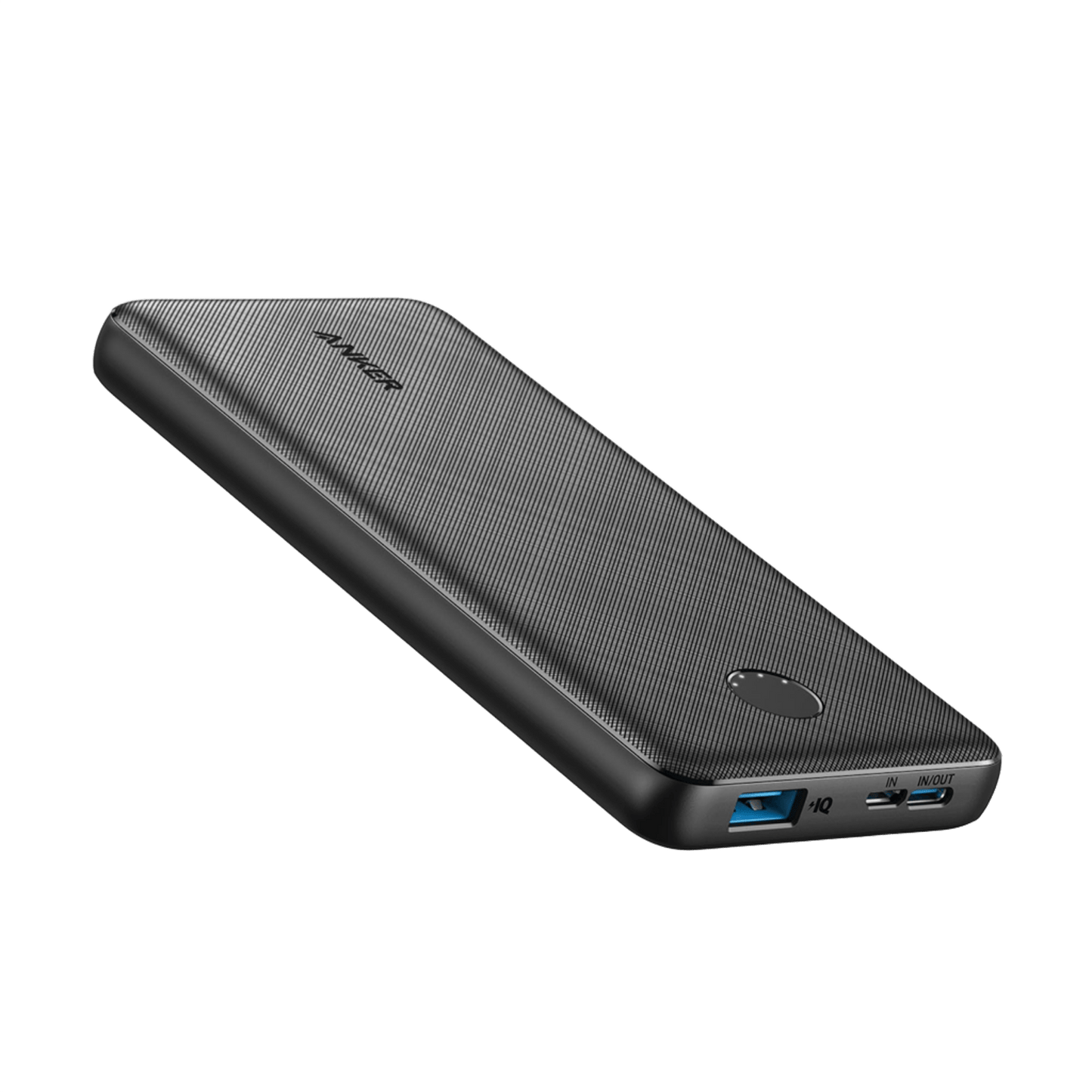 A slim, black Anker 313 Power Bank (PowerCore 10K) with a textured surface, oval button, and LED indicator on top. The bottom edge features labeled USB-A, USB-C, and micro-USB ports for input/output.