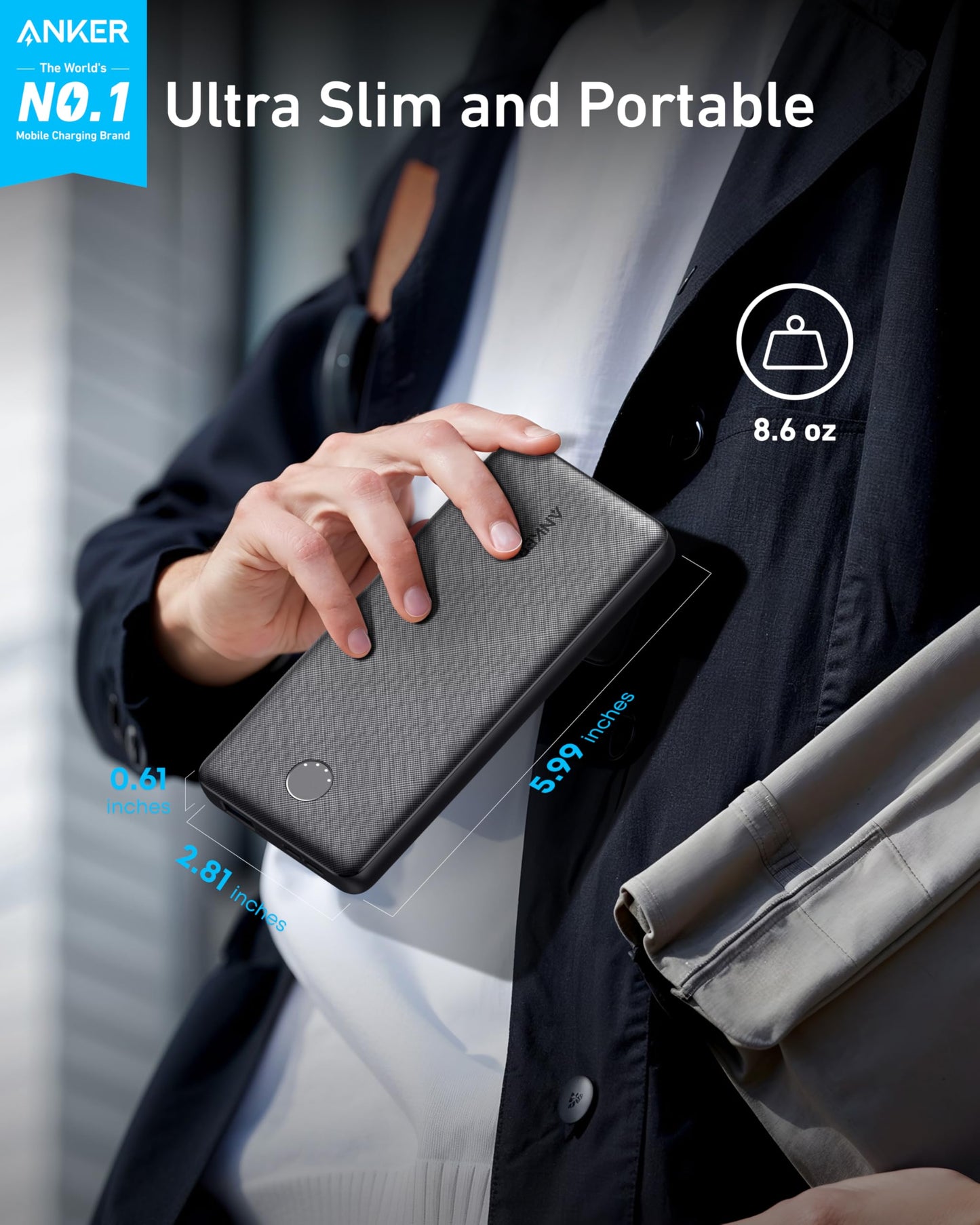 A person slides a slim, black Anker <b>313</b> Power Bank (PowerCore 10K) into their coat pocket. The image shows its compact size—0.61" thick, 2.81" wide, and 5.99" long—and light 8.6 oz weight, with “Ultra Slim and Portable” above.