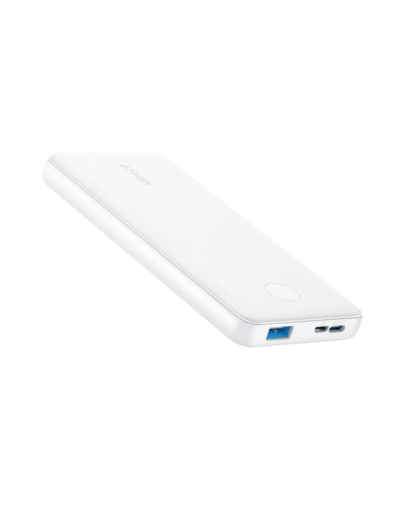A slim, white Anker 313 Power Bank (PowerCore 10K) with rounded edges is shown at an angle. It has a textured surface, circular button, and USB-A, USB-C, and micro-USB ports on the side. The Anker brand is visible on top.