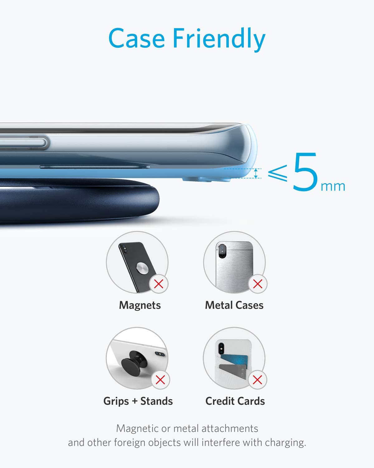 A smartphone with a slim light blue case charges wirelessly on the Anker 313 Wireless Charger (Pad). Text reads “Case Friendly ≤5mm” and icons advise against using magnets, metal cases, grips/stands, or credit cards while charging.