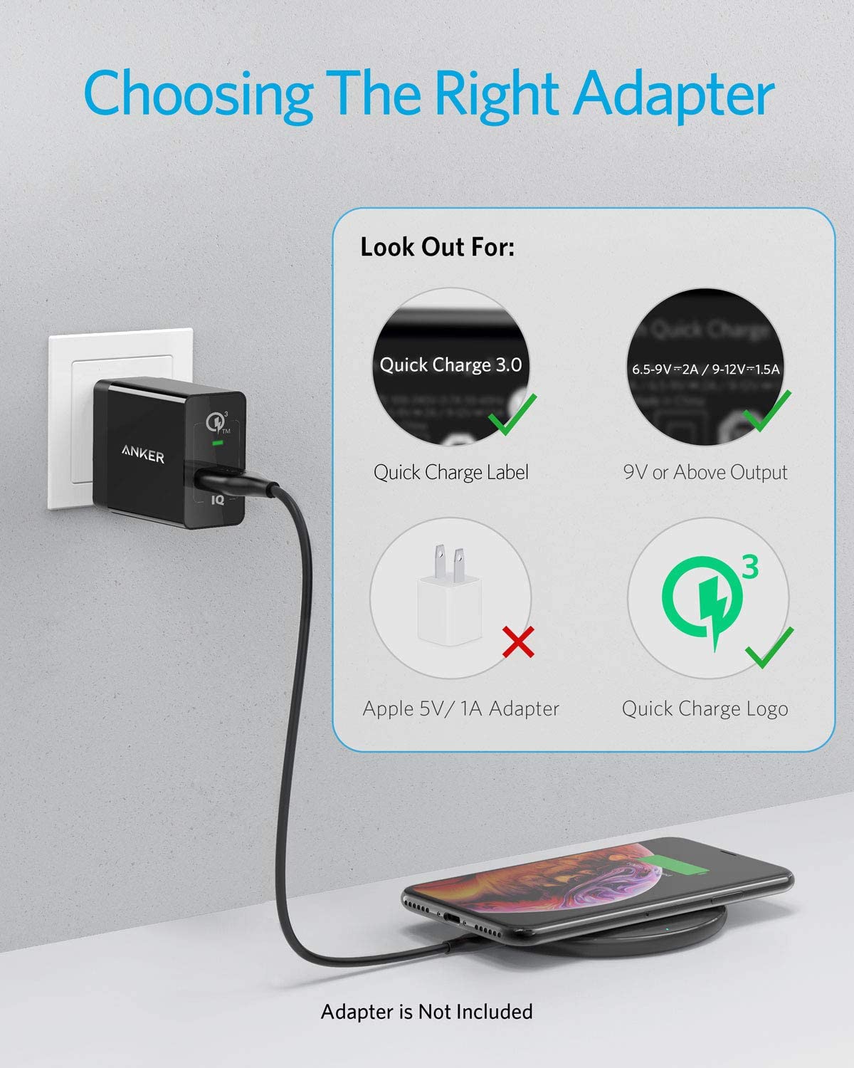 An Anker 313 Wireless Charger (Pad) is shown charging a phone. The guide explains how to pick the right adapter, recommends Quick Charge 3.0 for best results, and advises against using Apple 5V/1A adapters with your Anker wireless charger.