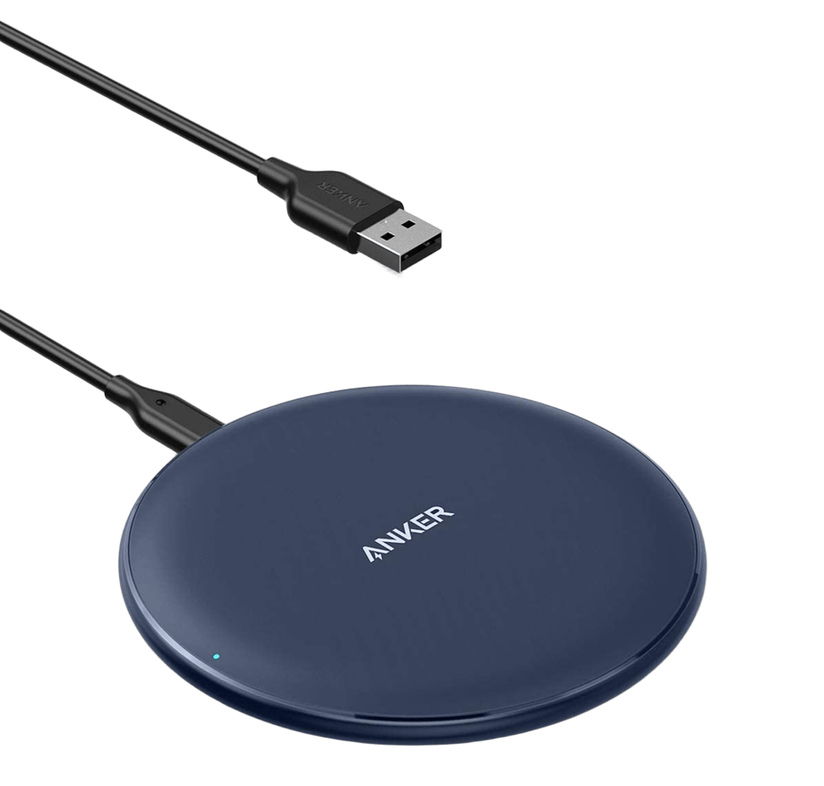 The Anker 313 Wireless Charger (Pad), a blue, round device with a small LED indicator and connected black USB-A cable, is displayed against a plain white background.
