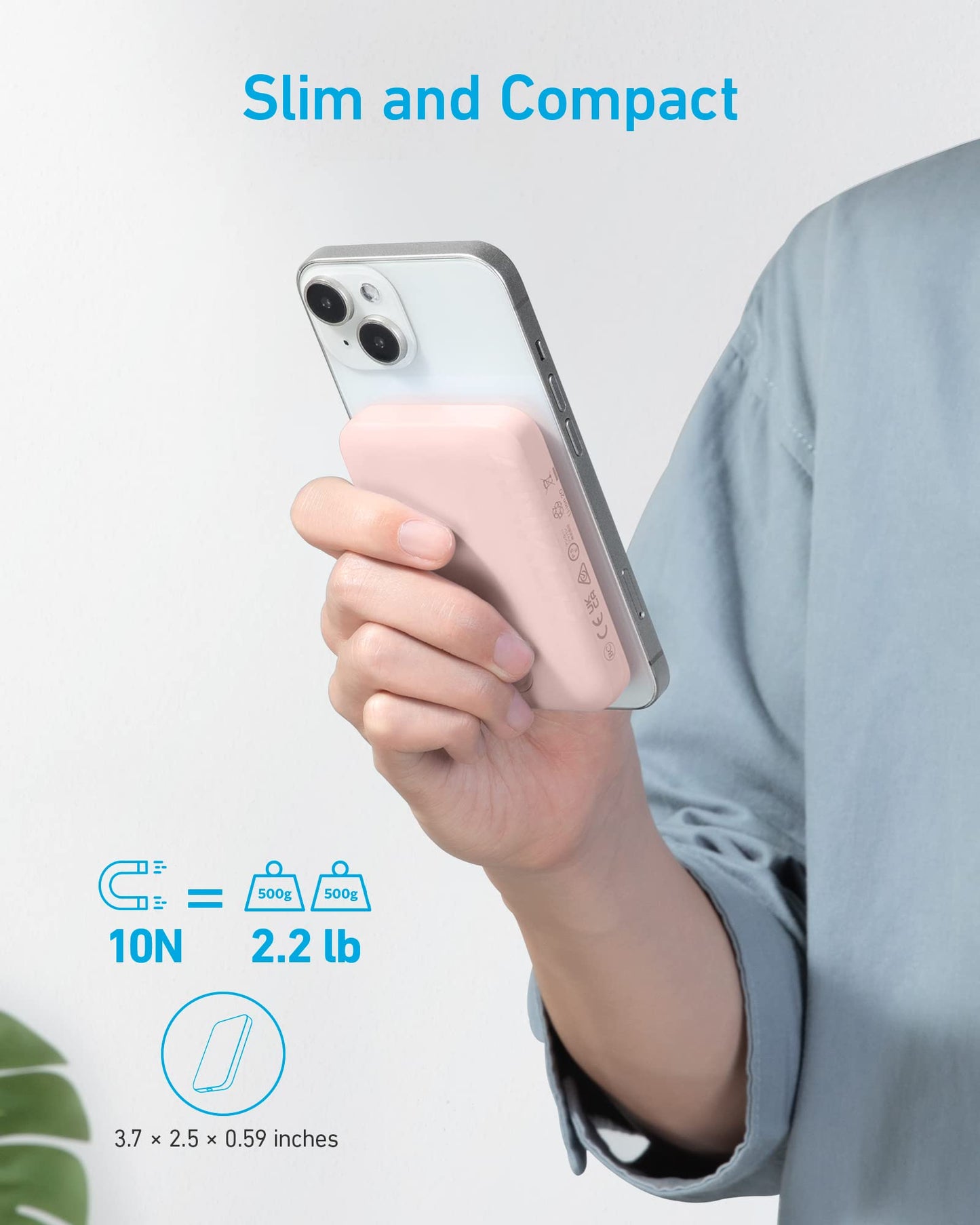A hand holds a smartphone with a slim, pink Anker 321 MagGo Battery (PowerCore Magnetic 5K) attached. Blue text says “Slim and Compact.” Specs show magnetic strength: 10N, weight support: 2.2 lb, size: 3.7 × 2.5 × 0.59 in.