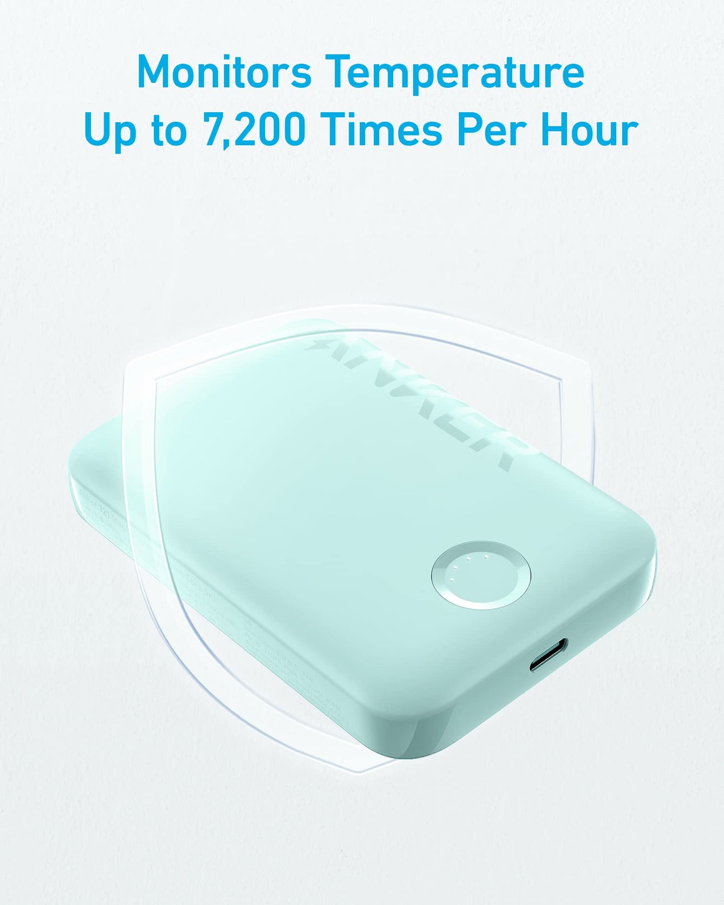 A light blue rectangular device with rounded edges and a small circular button, resembling the Anker 321 MagGo Battery (PowerCore Magnetic 5K) by Anker, is shown. Text reads “Monitors Temperature Up to 7,200 Times Per Hour” with a transparent shield graphic behind.